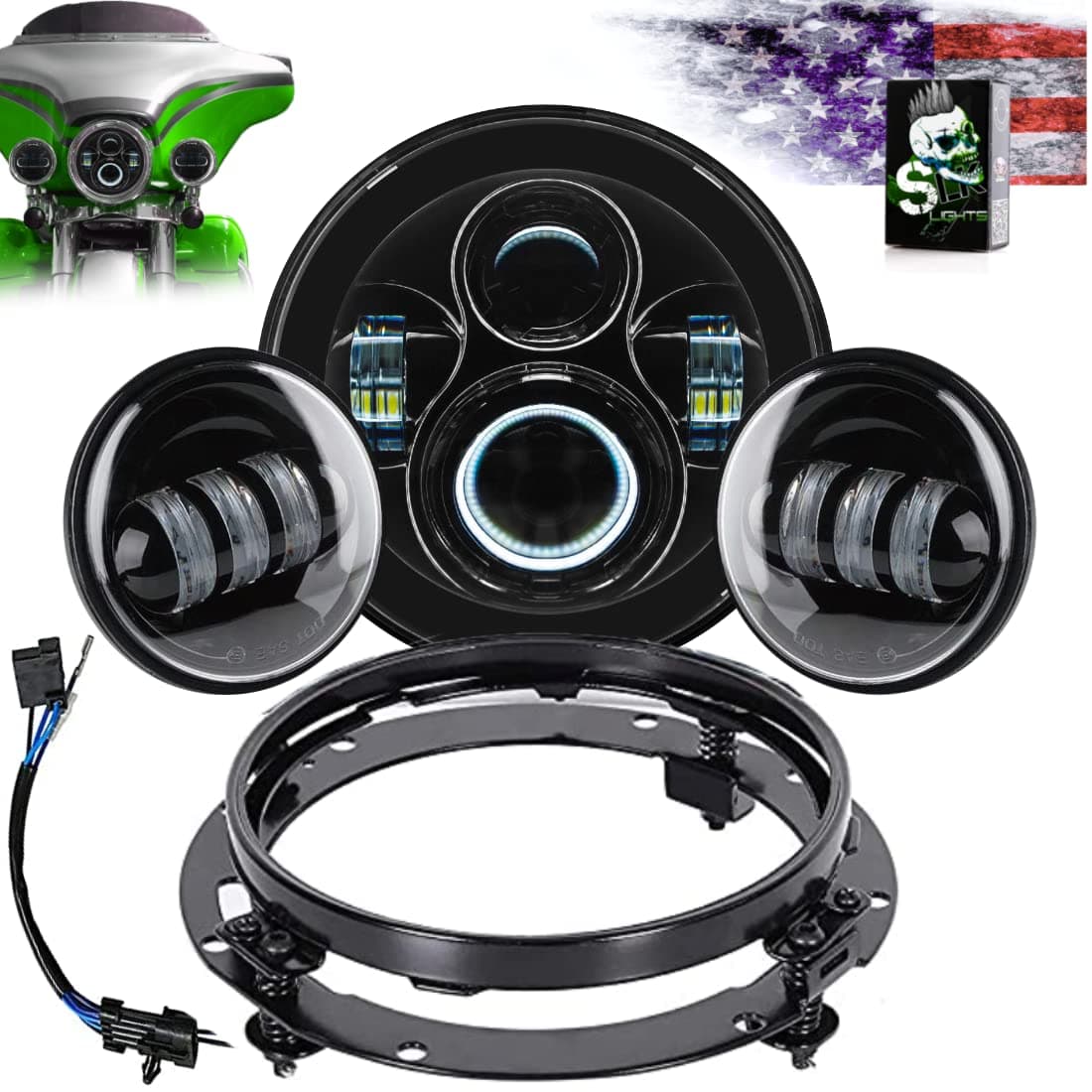 7 inch LED Headlight Fog Passing Lights DOT Kit Ring Motorcycle for Harley Davidson Touring Road King Ultra Classic Electra Street Glide Heritage Softail Slim Deluxe Fatboy (Black)