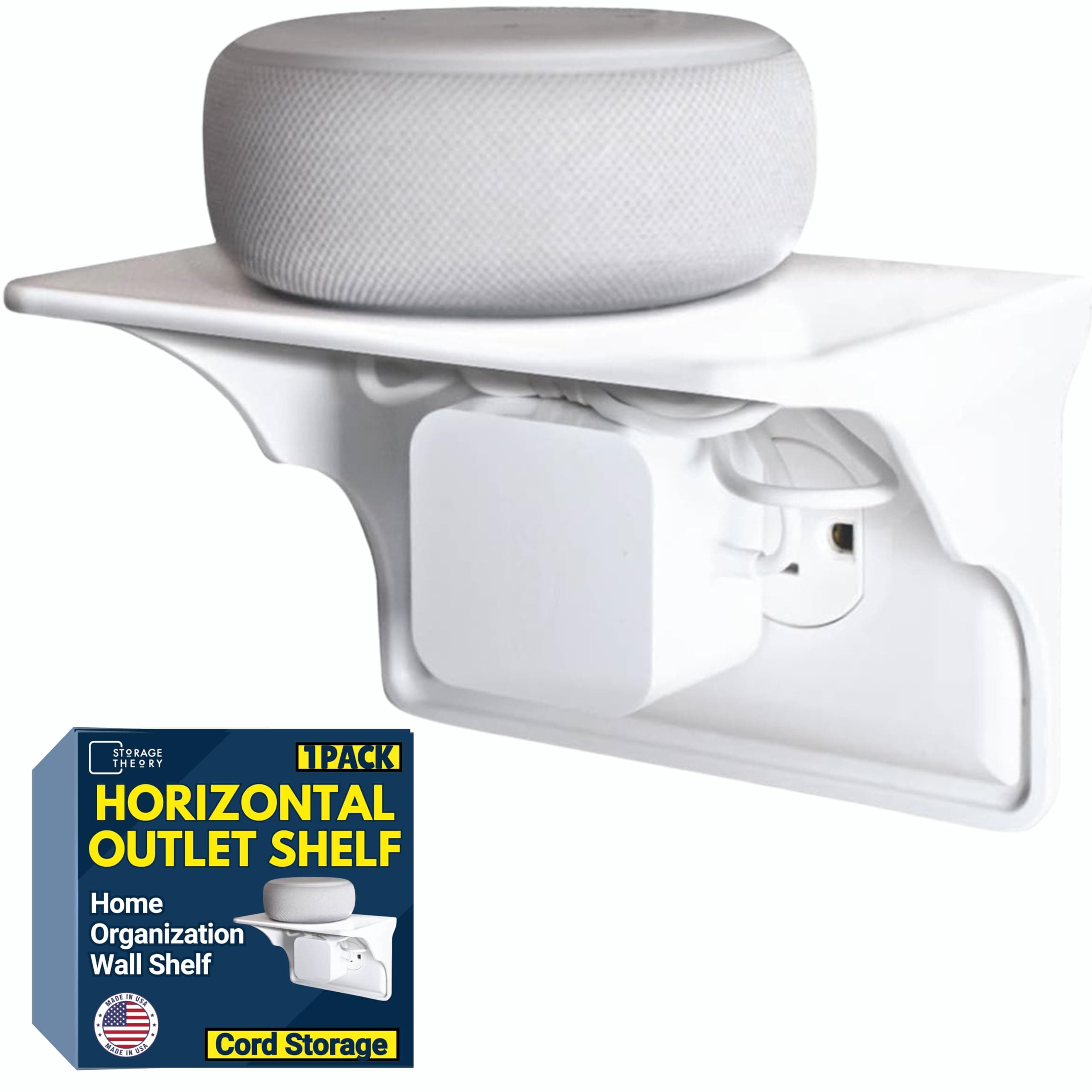 Power Perch Horizontal Wall Outlet Shelf with Cord Storage Strap – Bathroom Shelf for Electric Toothbrush and Toiletries – Small Wall Shelves for Homepod Mini, Echo Dot Stand – White, 1-Pack