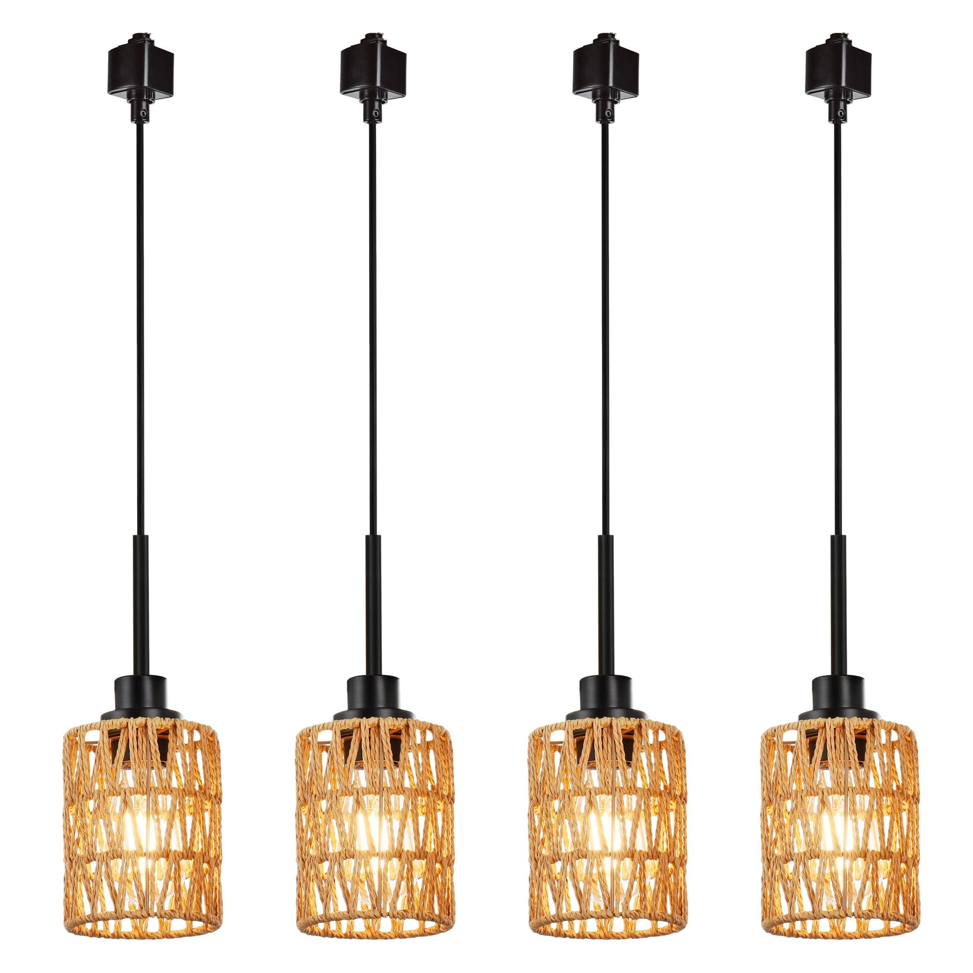 MELUCEE 4 Packs H-Type Track Hanging Light Black Ceiling Track Lighting Fixtures Rattan Pendant Light for Kitchen Island Dining Room Restaurant, Compatible with H Type Track Lighting Rail, E26 Socket