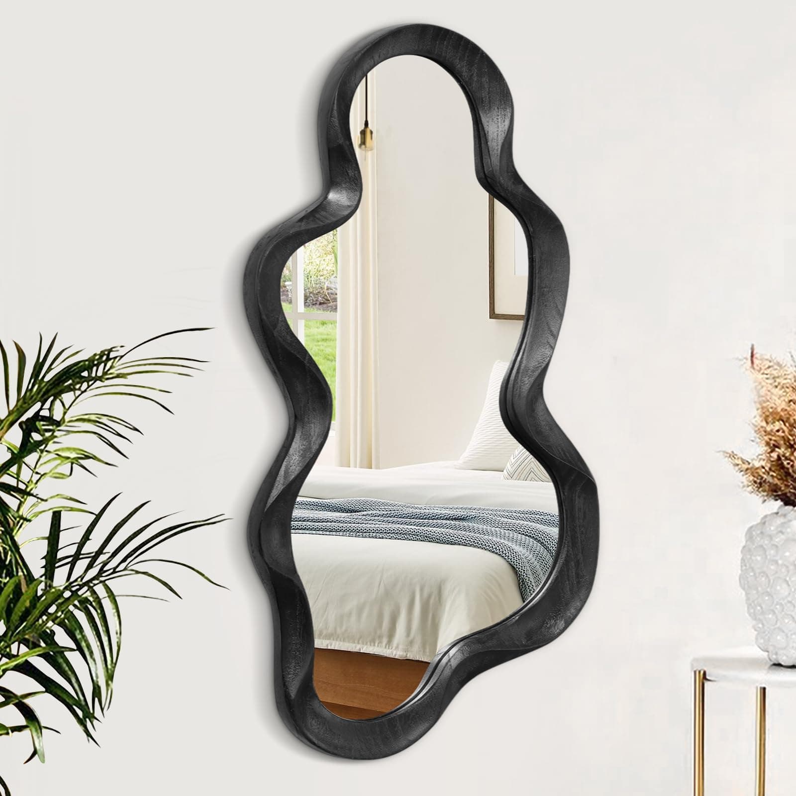 Irregular Wooden Framed Wall Mirror Modern Asymmetrical Unique Hanging Mirror Artistic Unique Cloud Shape Wall Decor Bathroom Vanity Bedroom Living Room Entryway Hallway Large