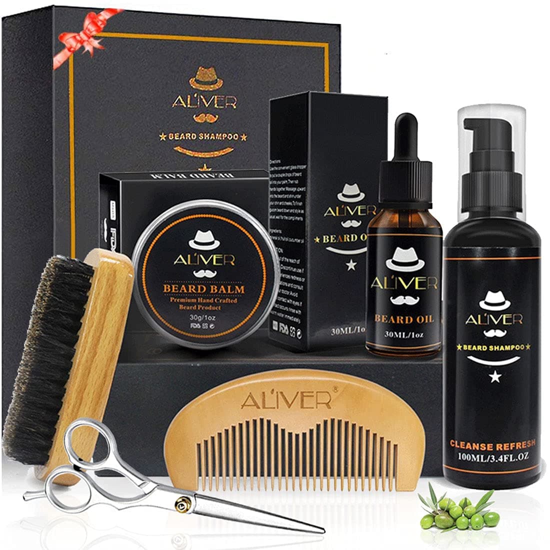 Beard Care for Men & Beard Grooming Kit with Beard Balm, Beard Growth Oil, Beard Brush, Beard Conditioner Shampoo, Beard Comb, Mustache Scissors 100% Natural Gift Set for Men Dad Boyfriend