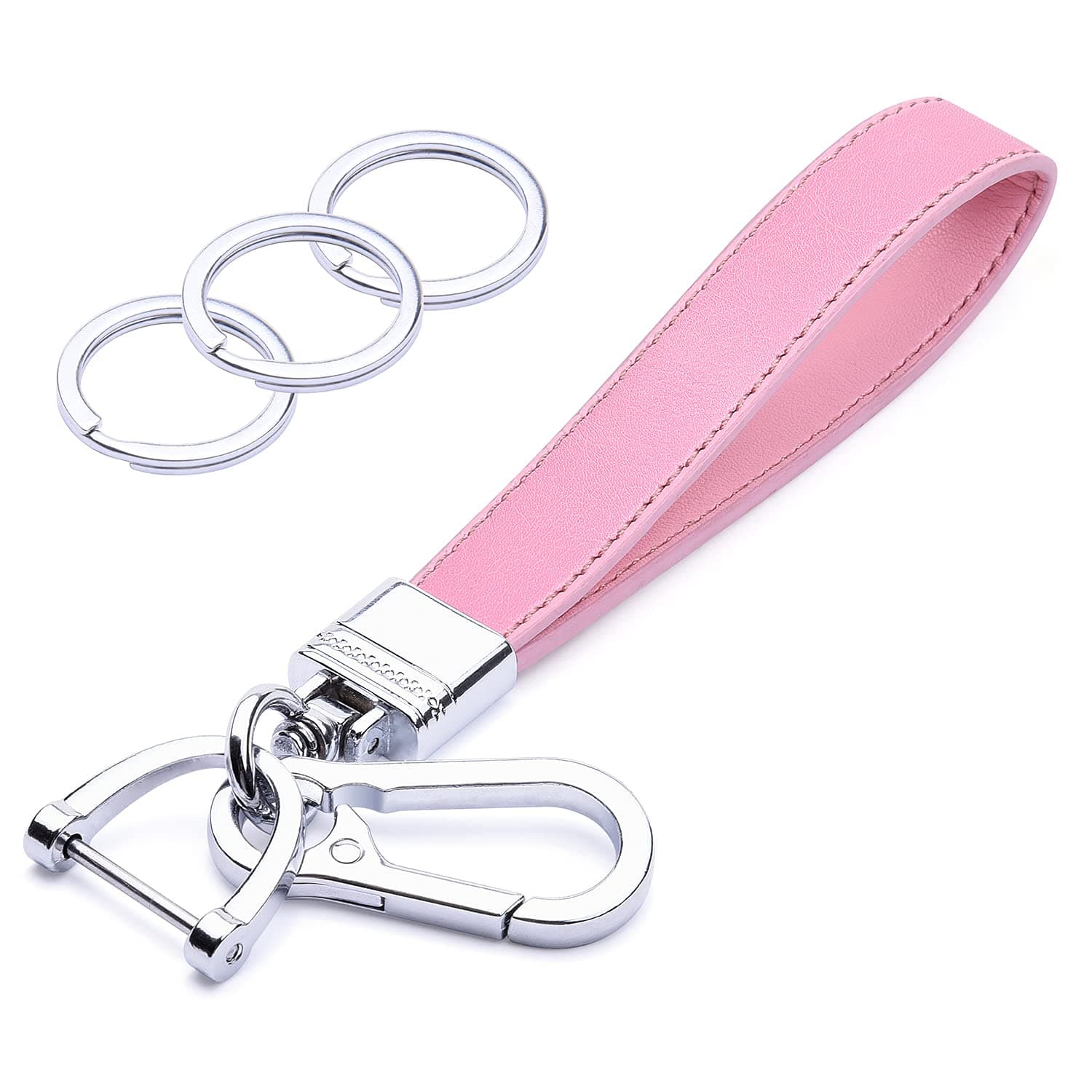 Wisdompro Genuine Leather Car Keychain, Universal Heavy Duty Leather Key FOB Keychain Key Chains Women for Car Keys, 360 Degree Rotation, with Anti-lost D-ring and 3 Keyrings - Pink