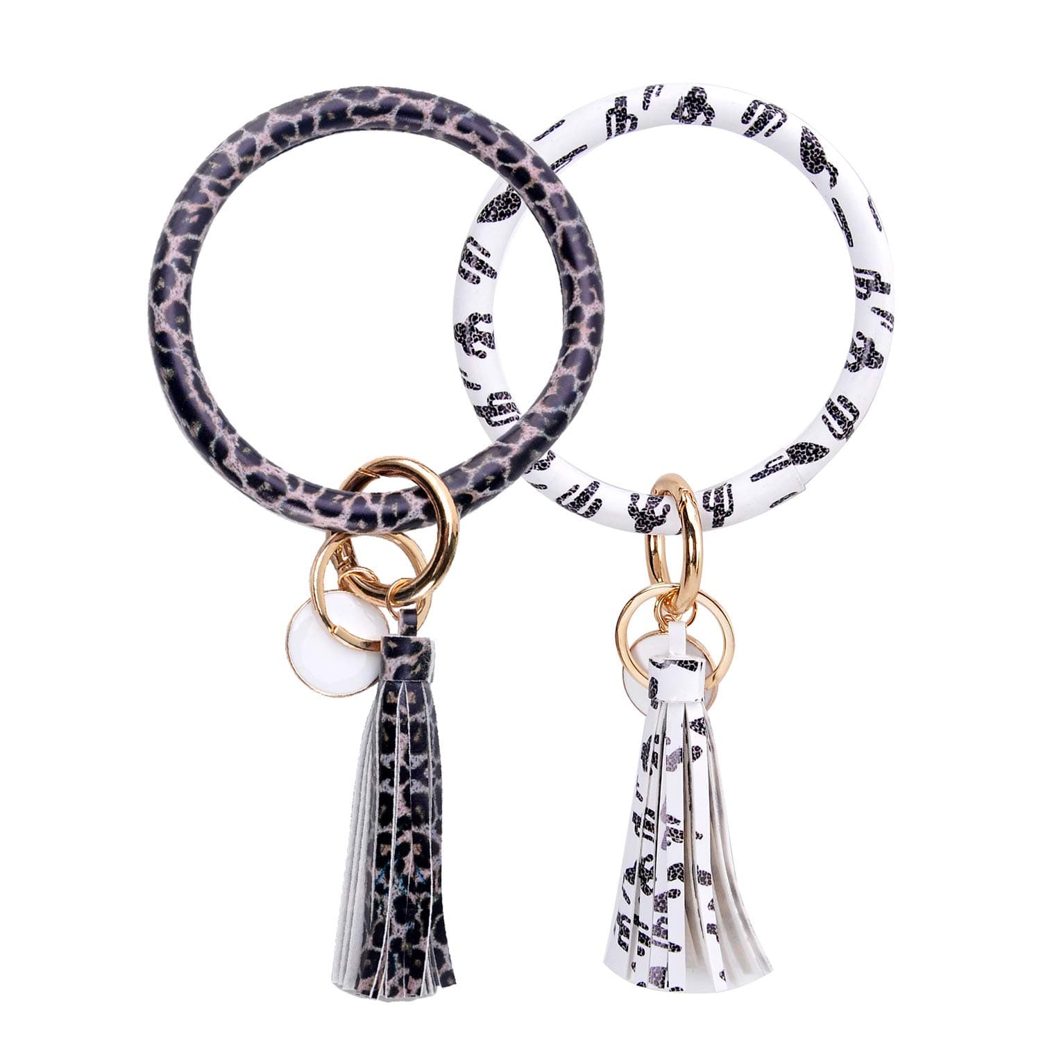 2 Pcs Set Wristlet Keychain Bracelet Bangle Keyring - Large Circle Key Ring Leather Tassel Bracelet Key Chain Holder For Women Girl (Leopard & Cactus)