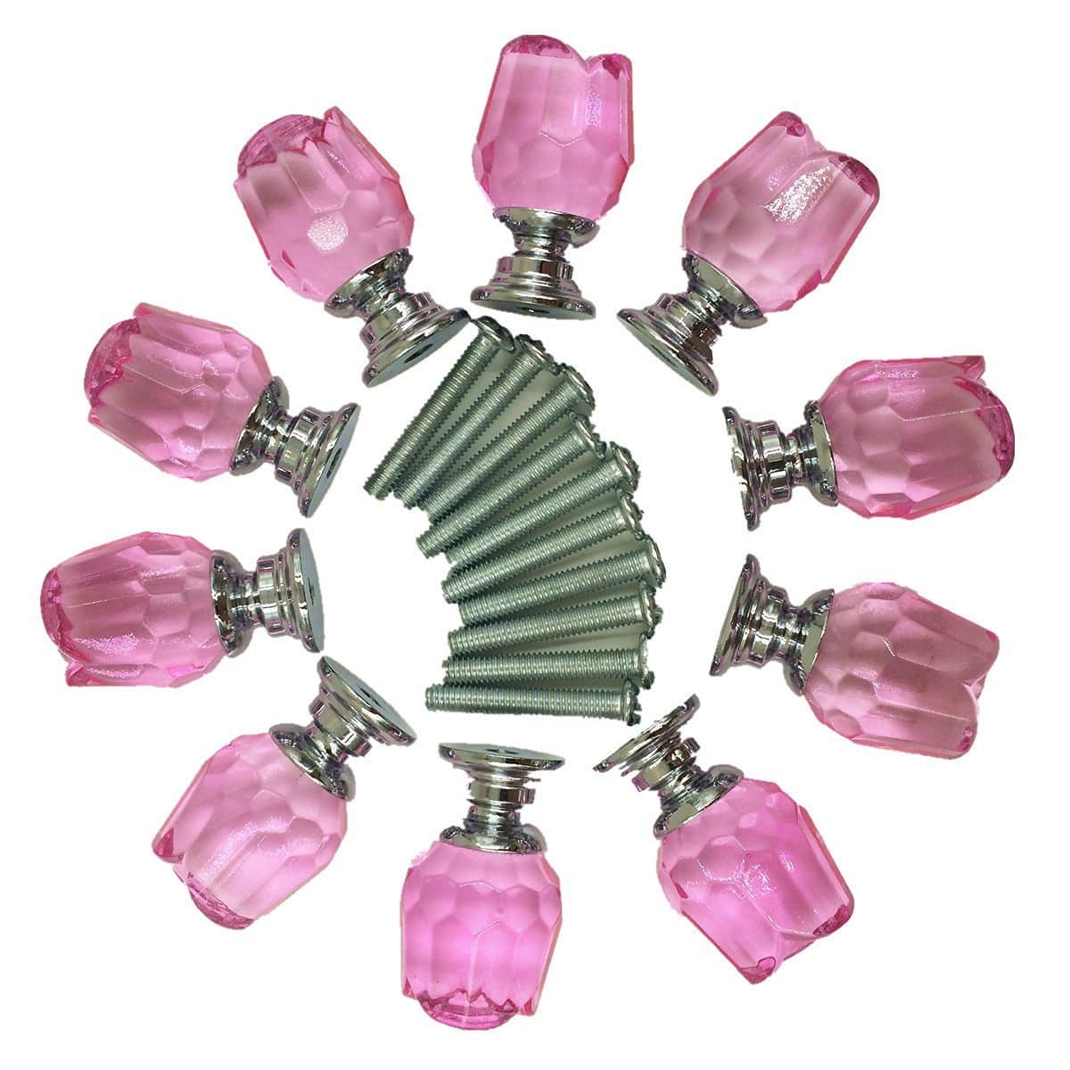 Yahead 10pcs Crystal Glass Door Knobs Rose Shaped Cabinet Cupboard Pulls Handles Drawer Knobs Wardrobe Home Kitchen Hardware 20mm Pink