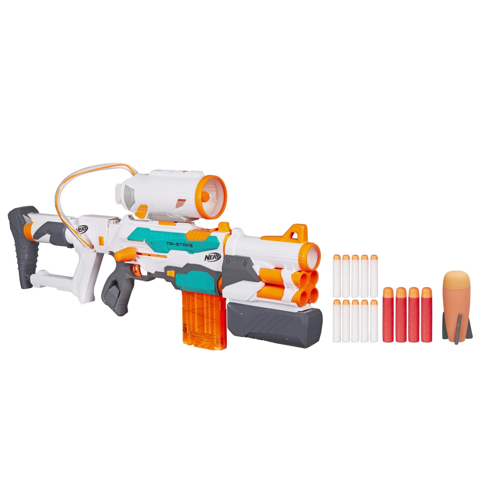 Nerf Modulus Tri Strike Blaster, Mega Barrel Extension, Rocket Launcher, 10 Dart Clip, 10 Elite Darts, 4 Mega Darts, 1 Rocket, [Kids Age 8 & Up, Multicolour]