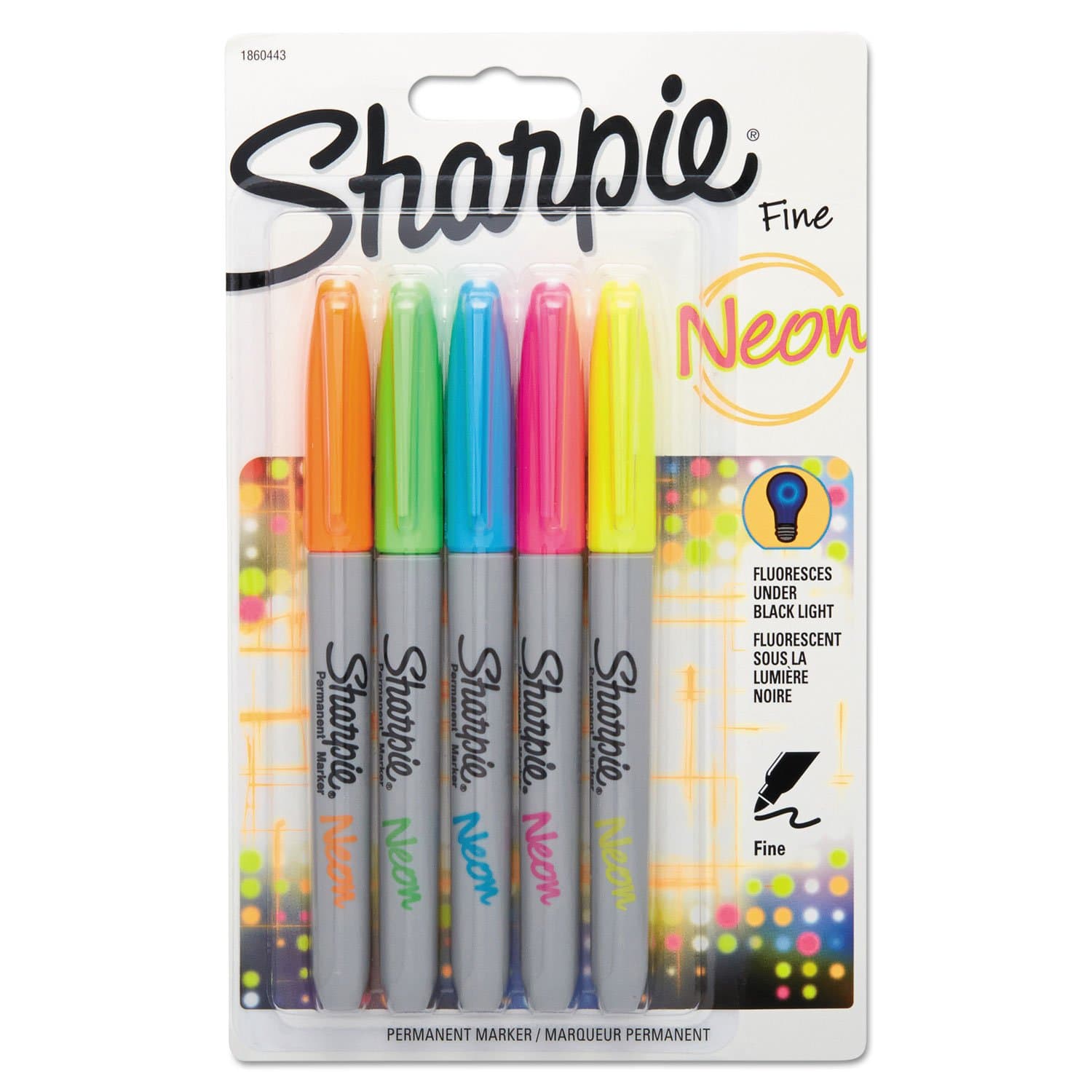 Sharpie Fine Neon Permanent Marker - Assorted Colours, Pack of 5