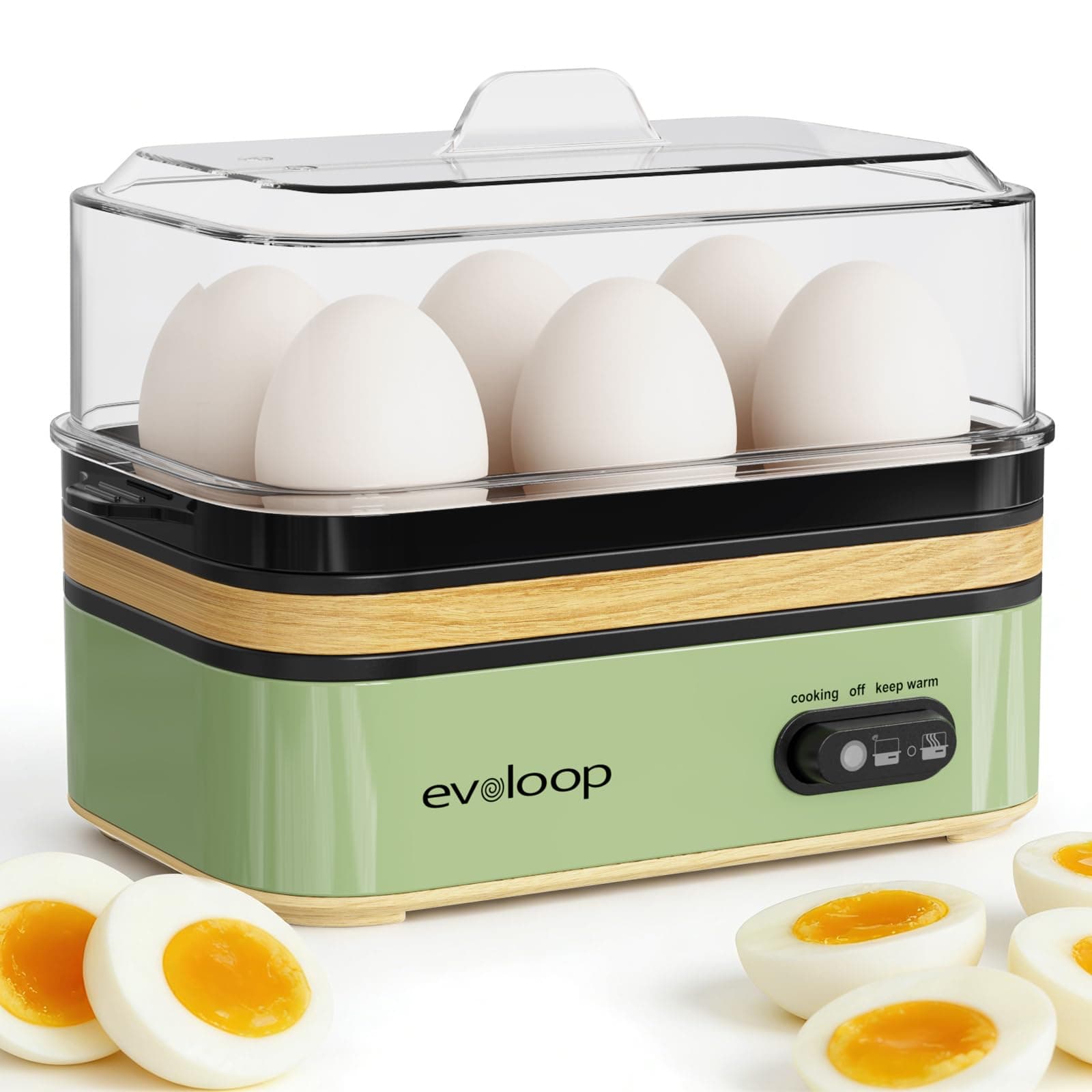 Evoloop - Electric Fast Egg Cooker, 6 Egg Capacity, Soft, Medium, Boiled, Egg Poacher with Auto Shut Off, BPA Free (Green)
