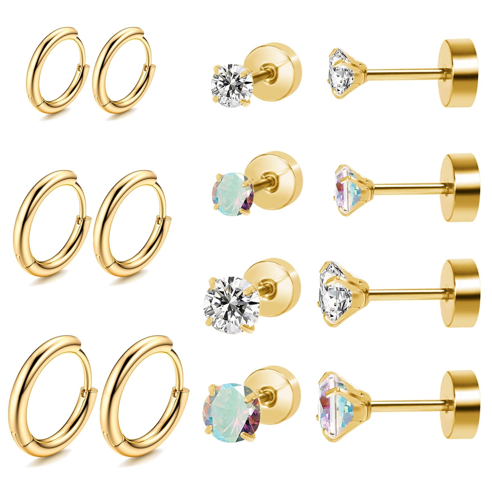 Titanium Earrings for Sensitive Ears - Flat Back Stud & Hoop Earrings Set, Hypoallergenic Surgical Stainless Steel Cubic Zirconia, 7 Pairs