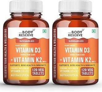 - The Body Reserve """ Vitamin D3 K2 Mk7-120 Veg Tablets, 100% Rda Plant-Based Vitamin D3 Supplement From Lichen Source With Vitamin K2 As Mk7 Menaquinone, Pack Of 2"""