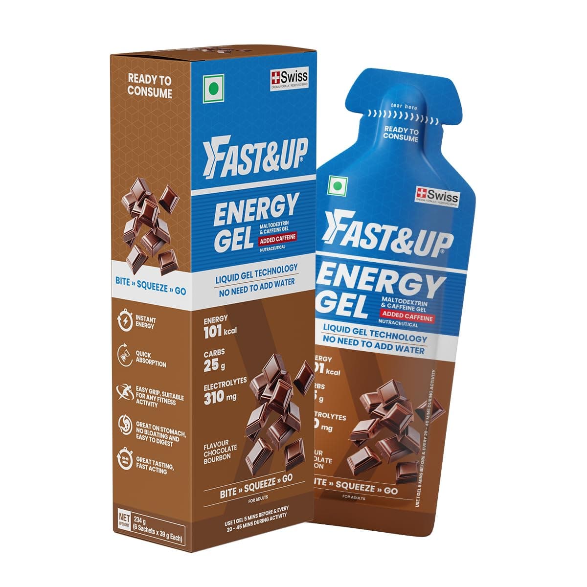 Energy Gel- Chocolate Bourborn flavour (Caffeinated) - Pack of 6 Gel Sachets, 39g per sachet- For Instant energy boost, Improved endurance and performance