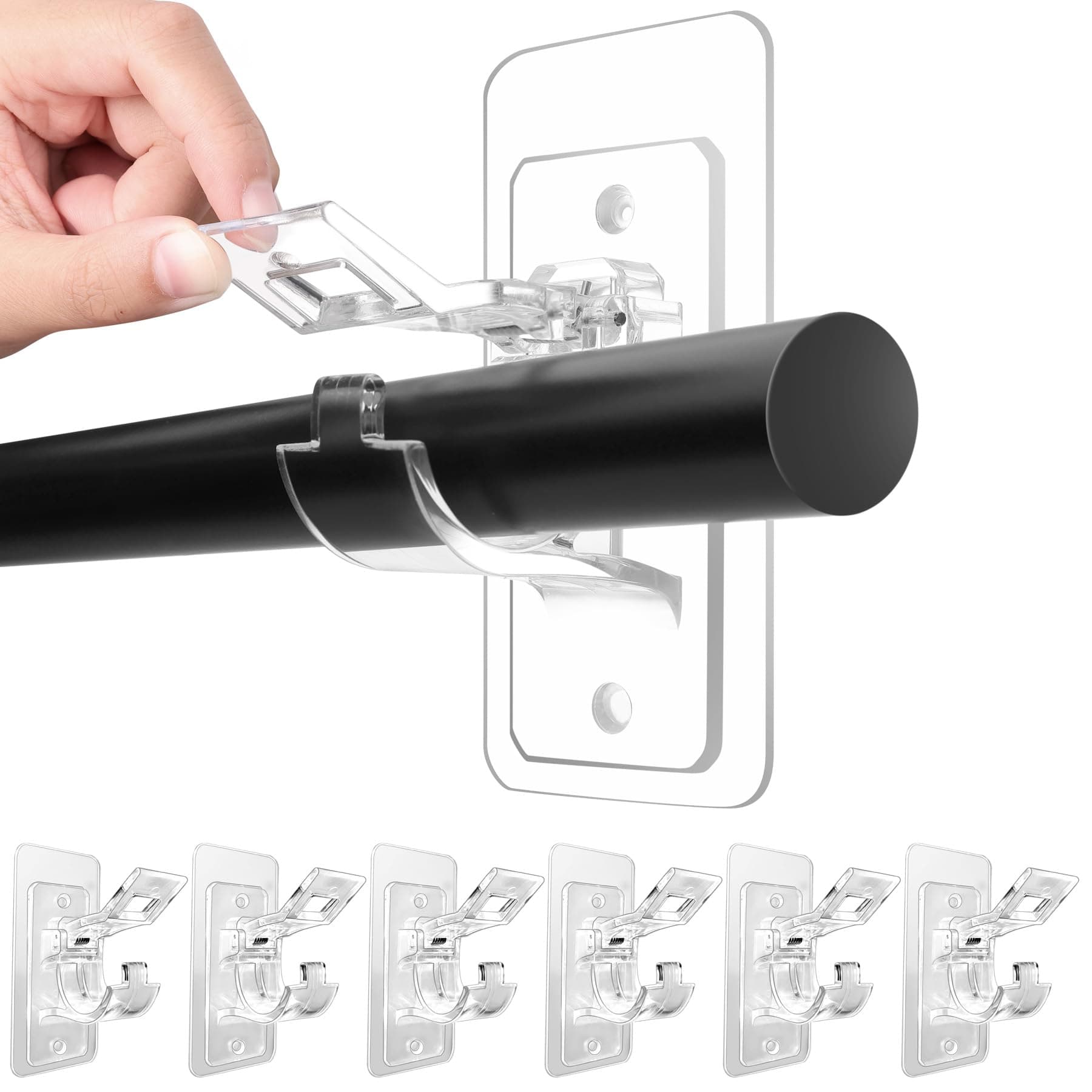 Antimbee 6-Pack No Drill Needed Curtain Rod Holders, Self Adhesive Rod Brackets, Multipurpose Nail-Free Stick on Curtain Rod Hooks Hangers for Dorm, Kitchen, Home, Bathroom, Transparent
