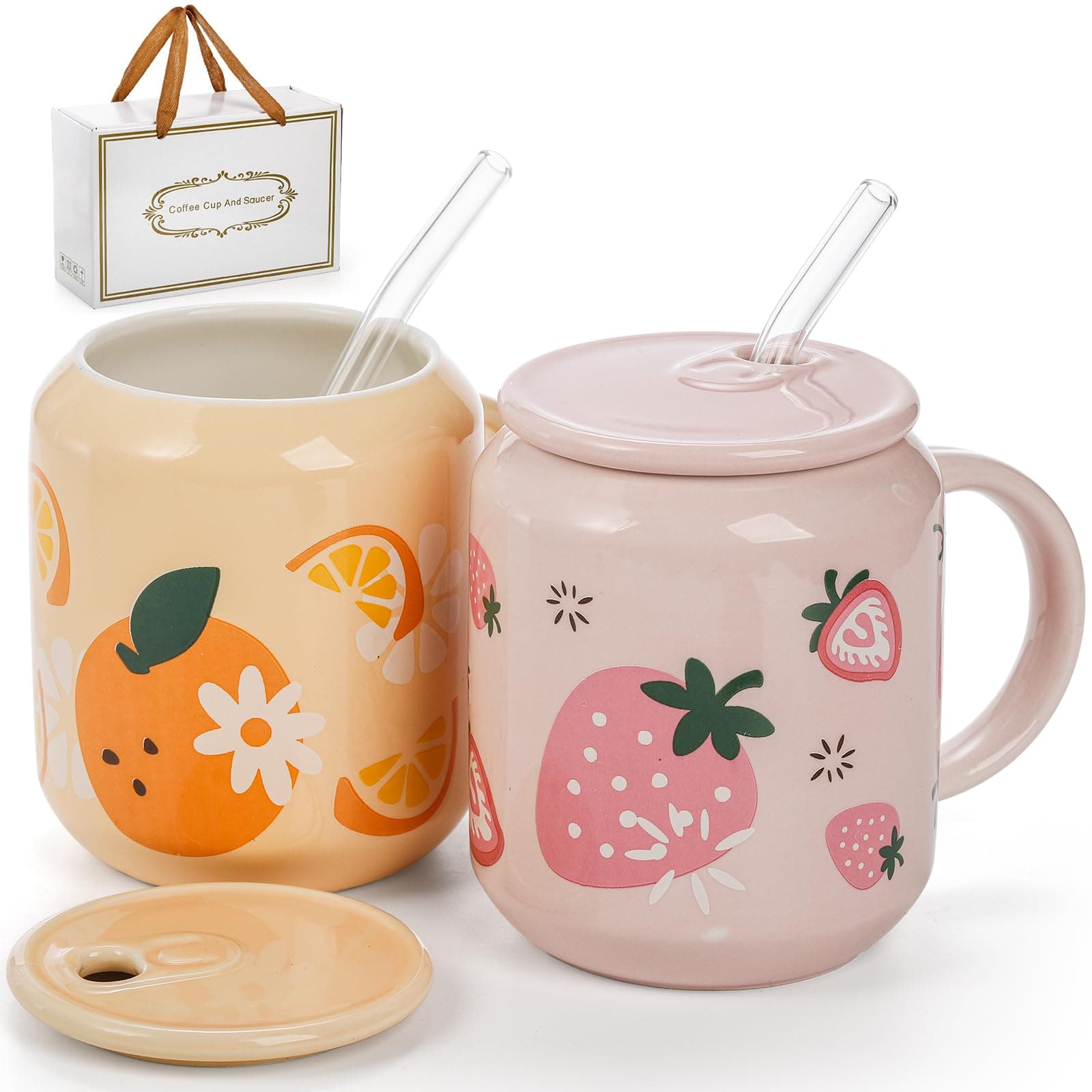 2 Pack Cute Ceramic Mugs with Lid and Straw, 13 Oz Fruits Pattern Coffee Cup with Handle, Handmade Strawberry Orange Tea Cup for Office Home, Hot Ice Water Chocolate Milk, Women Gift