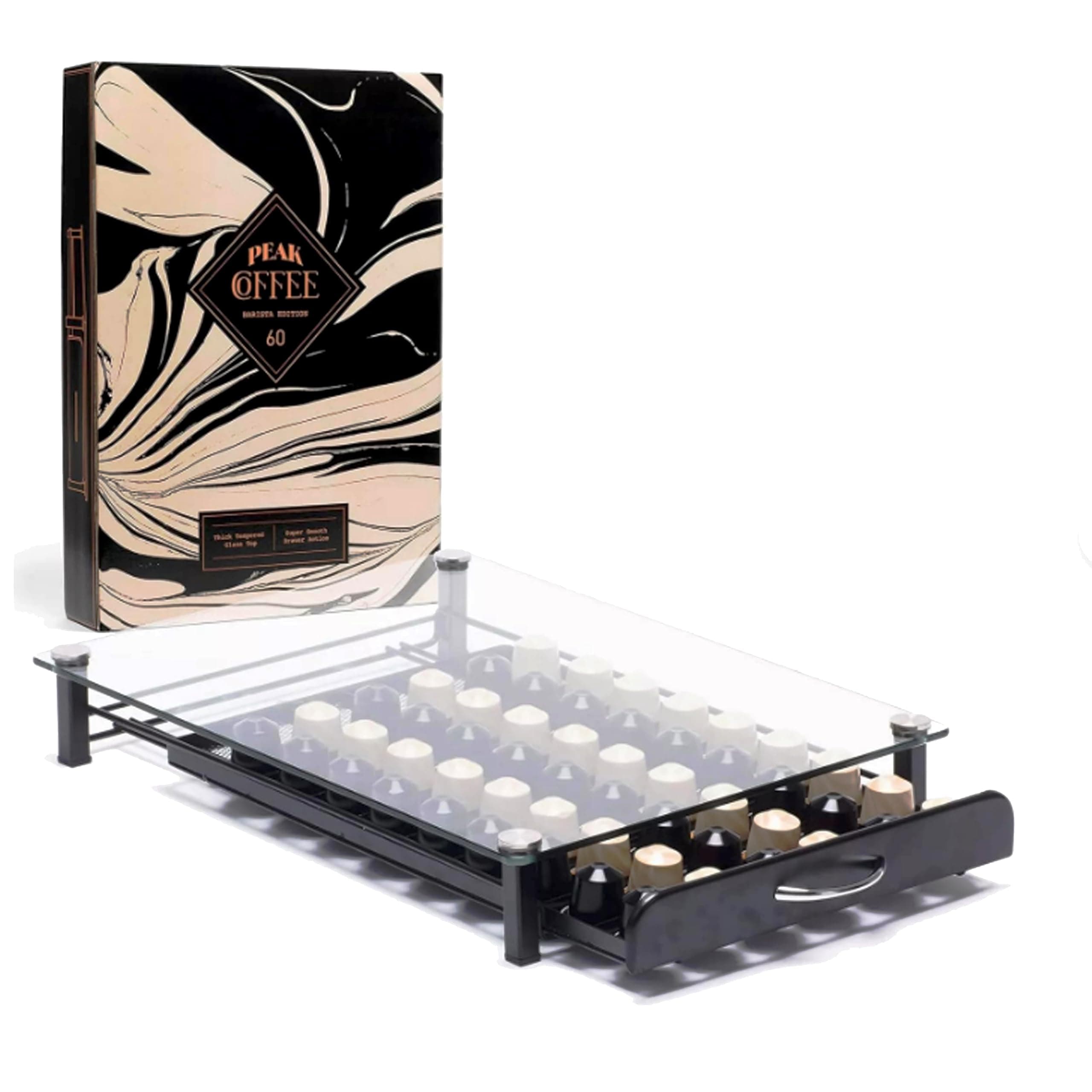 Peak Coffee Capsule Storage Drawer Tray for 60 Nespresso Original Pods | Pod Holder Box, Organiser & Machine Stand with Tempered Glass Top | Smooth Drawer Action