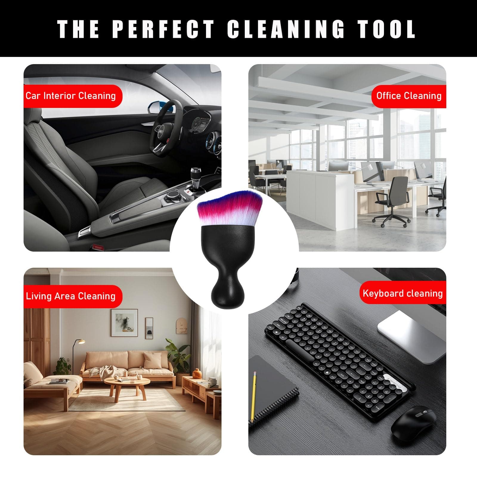 Car Interior Dust Brush, Soft Scratch Free Auto Detailing Brushes, Universal Vehicle Interior Cleaning Tool for Automotive Dashboard, Air Vents, Leather(White & Red & Blue)