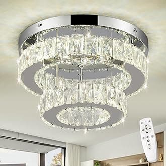 11.8 inch Dimmable Modern Crystal Chandelier 2-Layer Round Crystal LED Ceiling Light Flush Mount Chandelier Fixture for Hallway Bedroom Living Room Kitchen Foyer Closet (Remote Control)