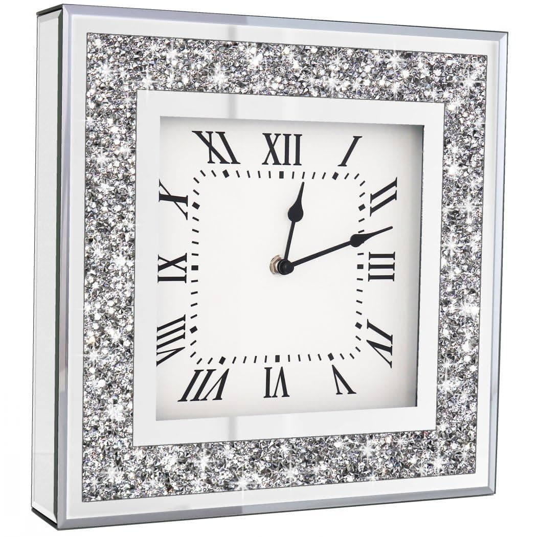 Crystal Crush Diamond Mirrored Square Wall Clock with Sparkle Twinkle Bling Diamond Decor for Wall Decoration, 12x12inch Decorative Silver Mirror Quartz Clock for Home Decor. AA Battery not included