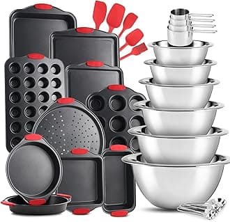 EatEx Nonstick Carbon Steel Bakeware Set - Tray Set with Silicone Handles Oven Safe Cookie Sheets, Baking Pans, Cake Loaf, Muffins & Bread Pan & More (Black & Stainless)