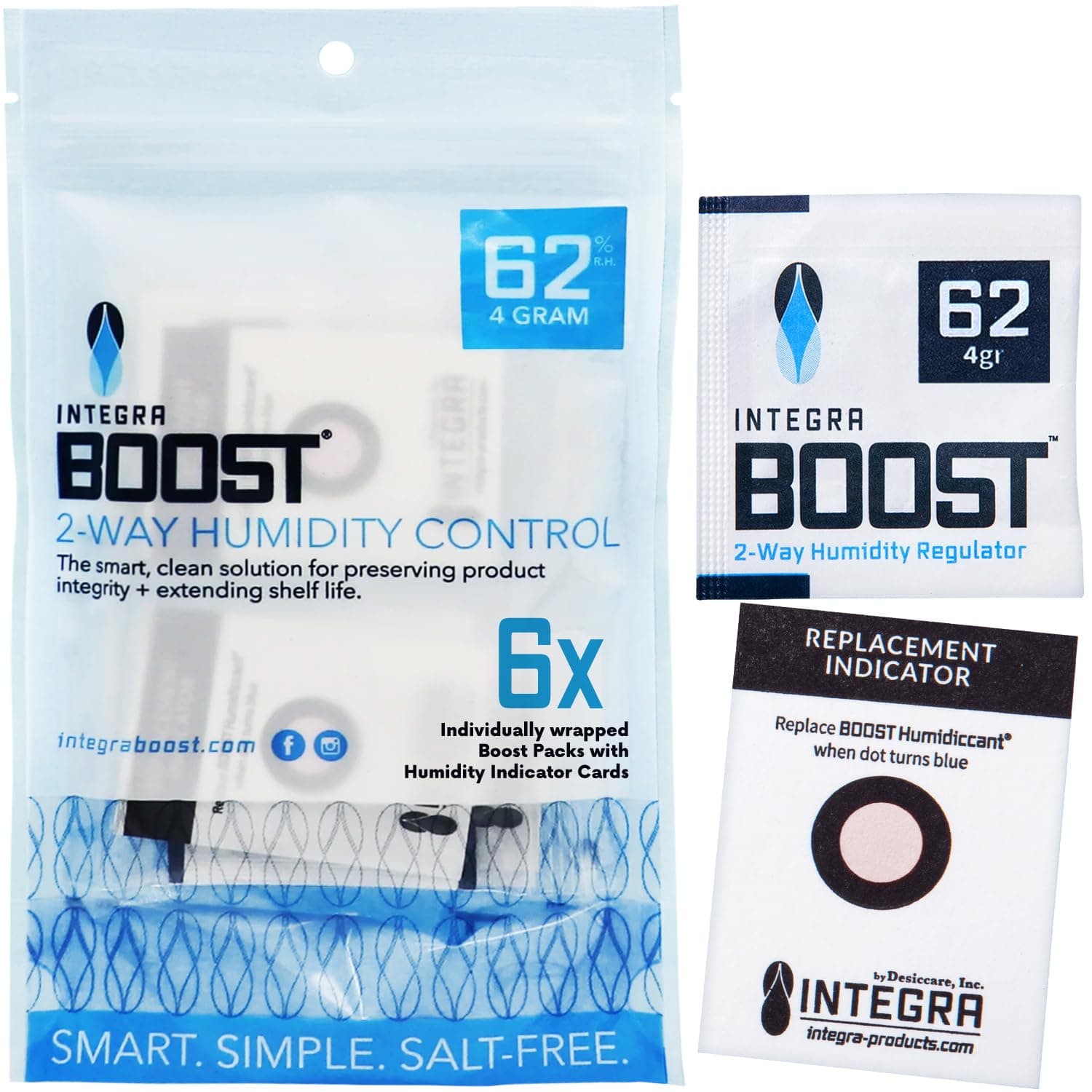 Integra Boost 2-Way Humidity Control Pack - Preserve Flavor & Control Humidity at 62% RH - Moisture Absorber for Herbs, Spices & More - 4 Gram (Pack of 6)