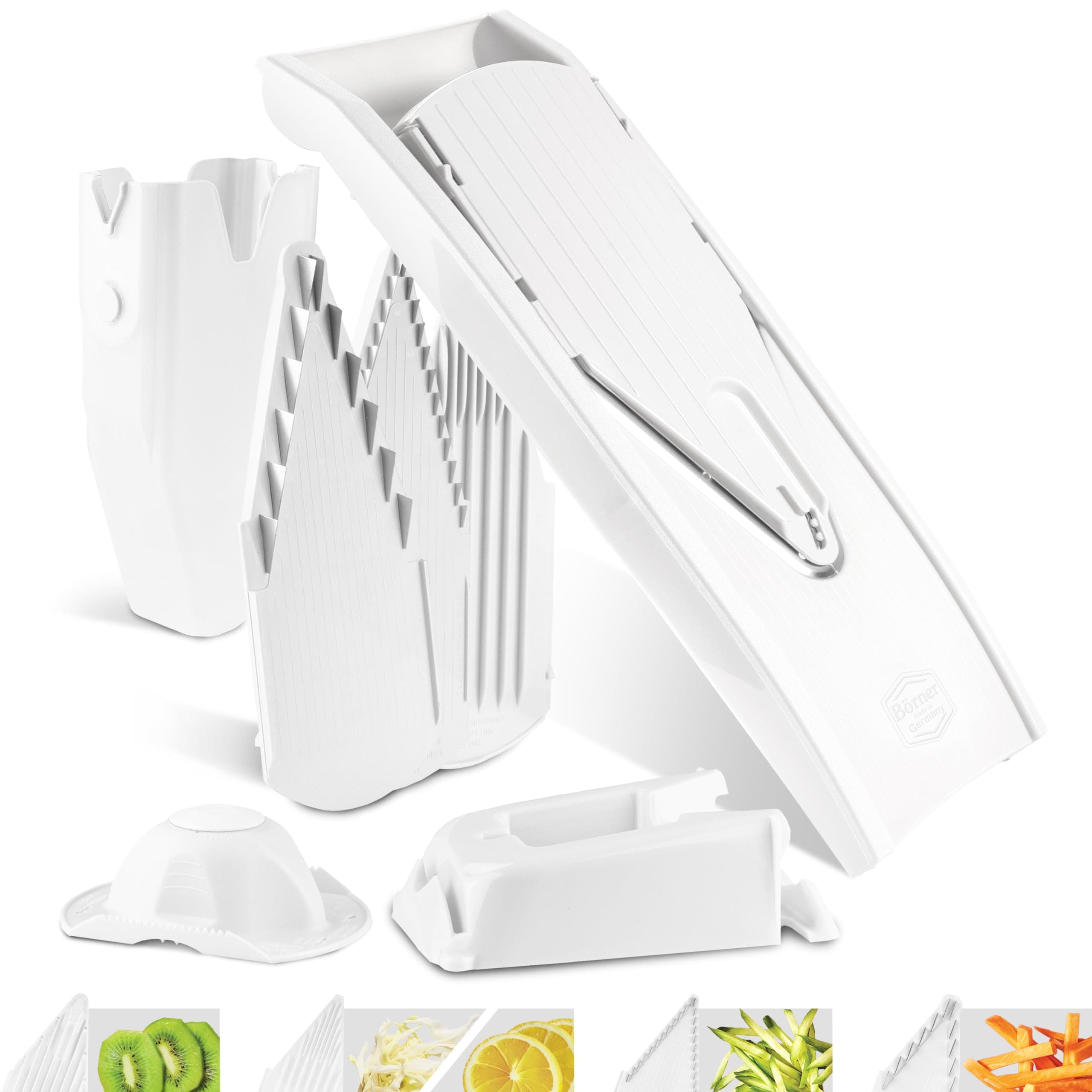 Börner Mandoline Slicer V1 (Professional Set) • V-Slicer with 4 Inserts, Fruit Holder, Docking Station, Box • Adjustable Vegetable Slicer • Cuts into Slices, Strips & Dices • Color: White