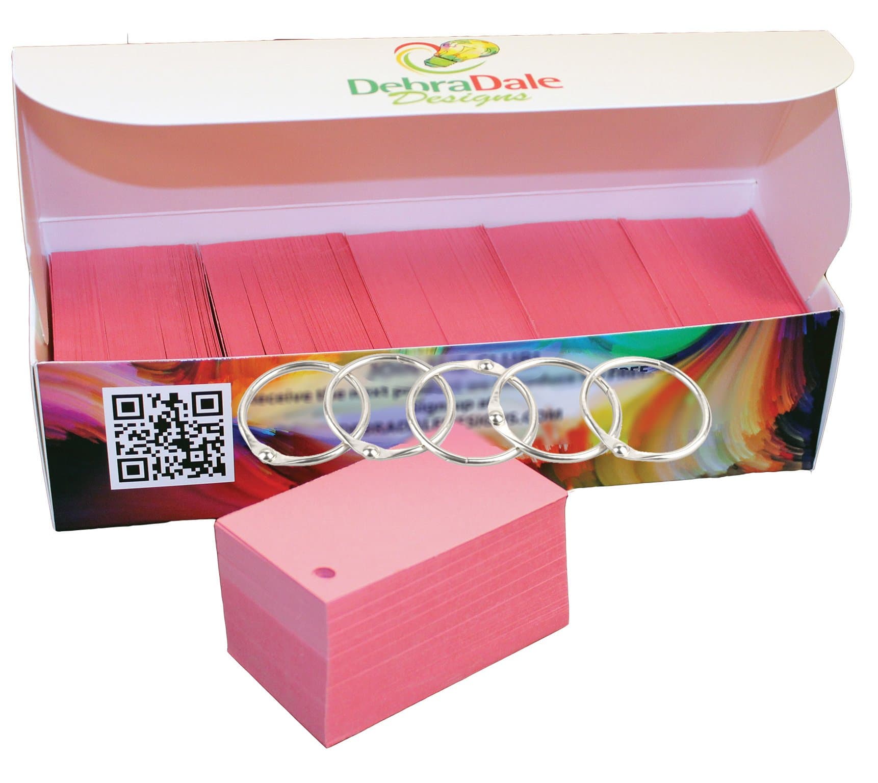 Debra Dale Designs 750 Small Blank Study Flash Cards - Premium Heavy 140# Cherry Smooth Finish Index - Single Hole Punched With Five (5) Rings - Business Card Size (2" X 3.5") - Storage Box With Lid