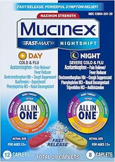 Mucinex Maximum Strength Fast-Max Day Cold & Flu & Nightshift Night Severe Cold & Flu All in One, Fast Release, Powerful Multi-Symptom Relief, 20 caplets (12 Day time + 8 Night time)