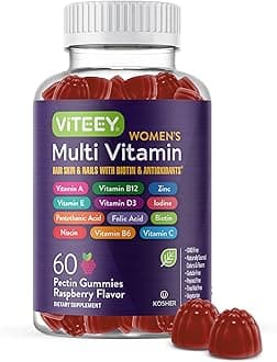 Viteey Womens Multivitamin Gummies - Immune Support - 12 in 1 Essential Vitamins & Minerals - Vitamin A, C, D3, E, B6, B12, Folic Acid, Biotin, Calcium, Zinc & More - Vegetarian - Raspberry Flavored