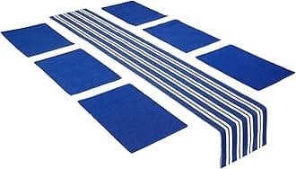 Encasa XO Table Runner and Placemats Set 6 | Fine Ribbed Cotton | Franca Blue | 1 Table Runner Size 32x200 cm & Each Table Mat Size 48x32 cm