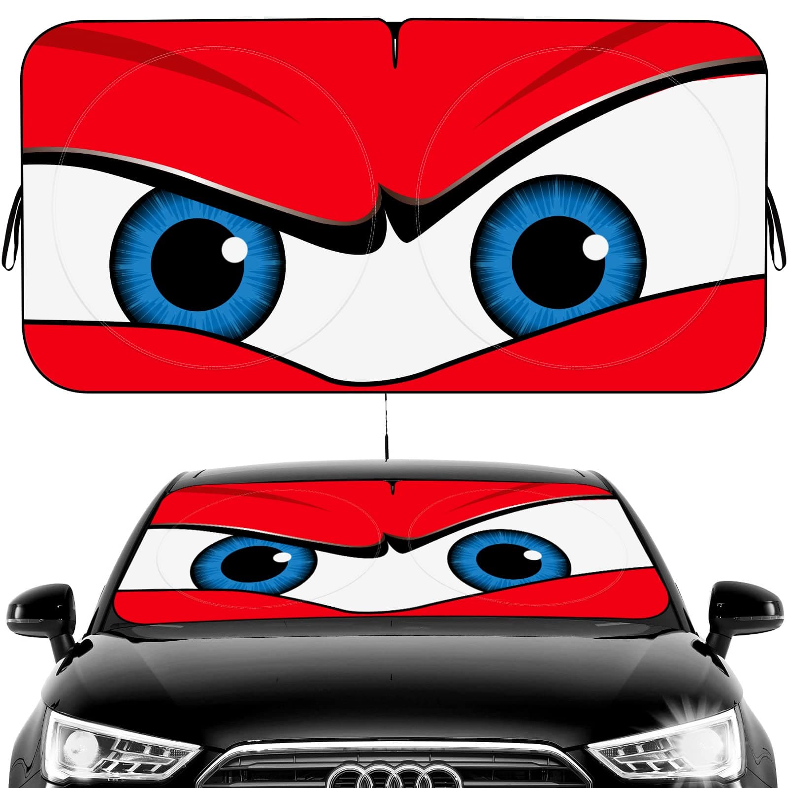 Car Windshield Sun Shade, Funny Eyes Visor for Car Windshield, Wear-Resistant Black Tape, Foldable 59‘’x27.5‘’/63''x31.5''