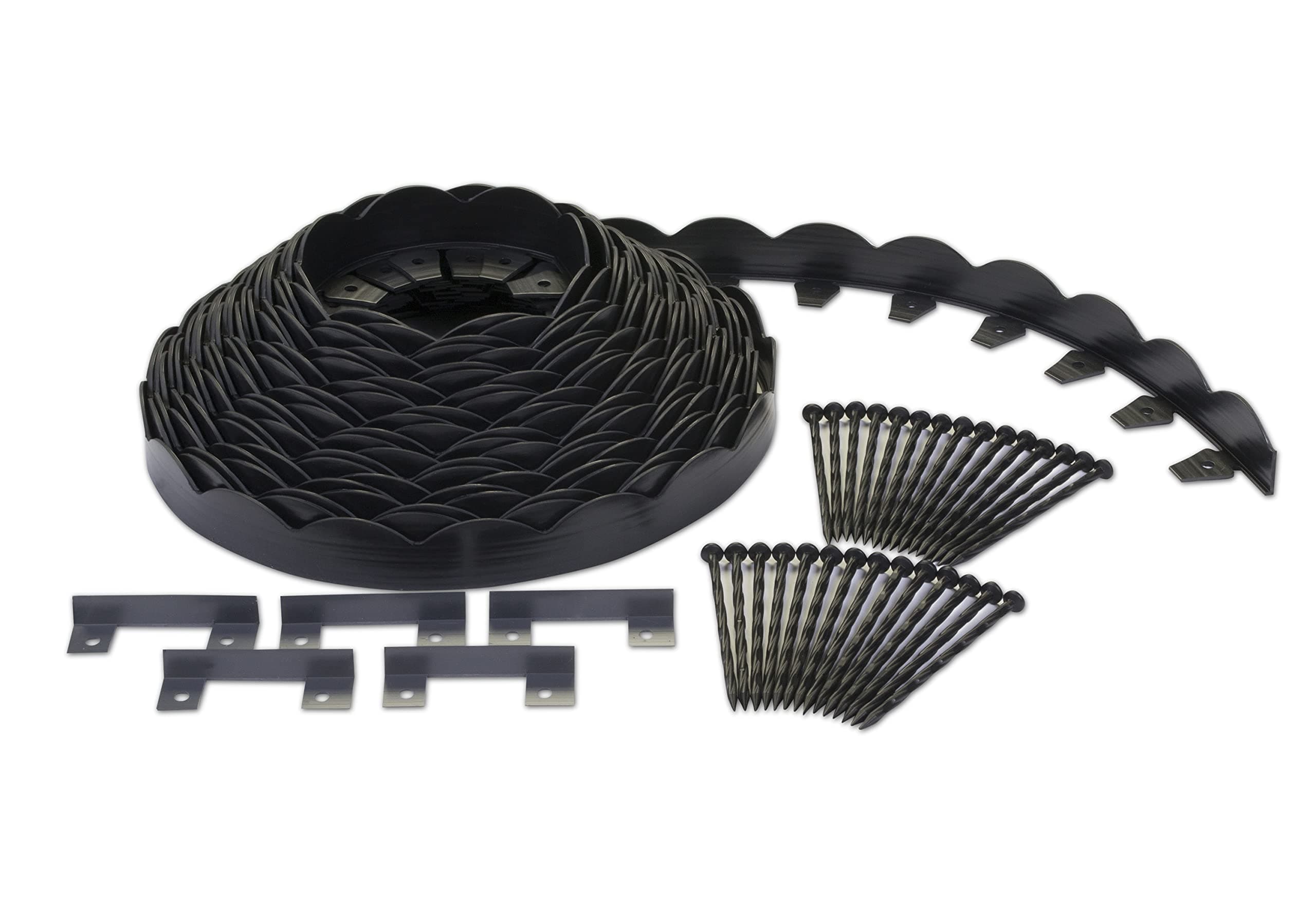 EasyFlex Decorative No-Dig Landscape Edging with Anchoring Spikes, 2.5 in. Tall Scalloped Top Garden Border, 100 Foot Kit, Black (3210-100C)