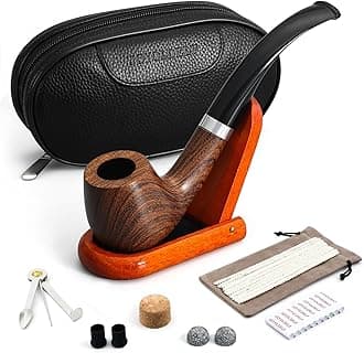 Tobacco Smoking Pipe with Leather Smoking Pipe Pouch, Pear Wood Handmade Tobacco Pipe with Pipe Stand, Scraper, Filter, Metal Ball and Other Pipe Accessories