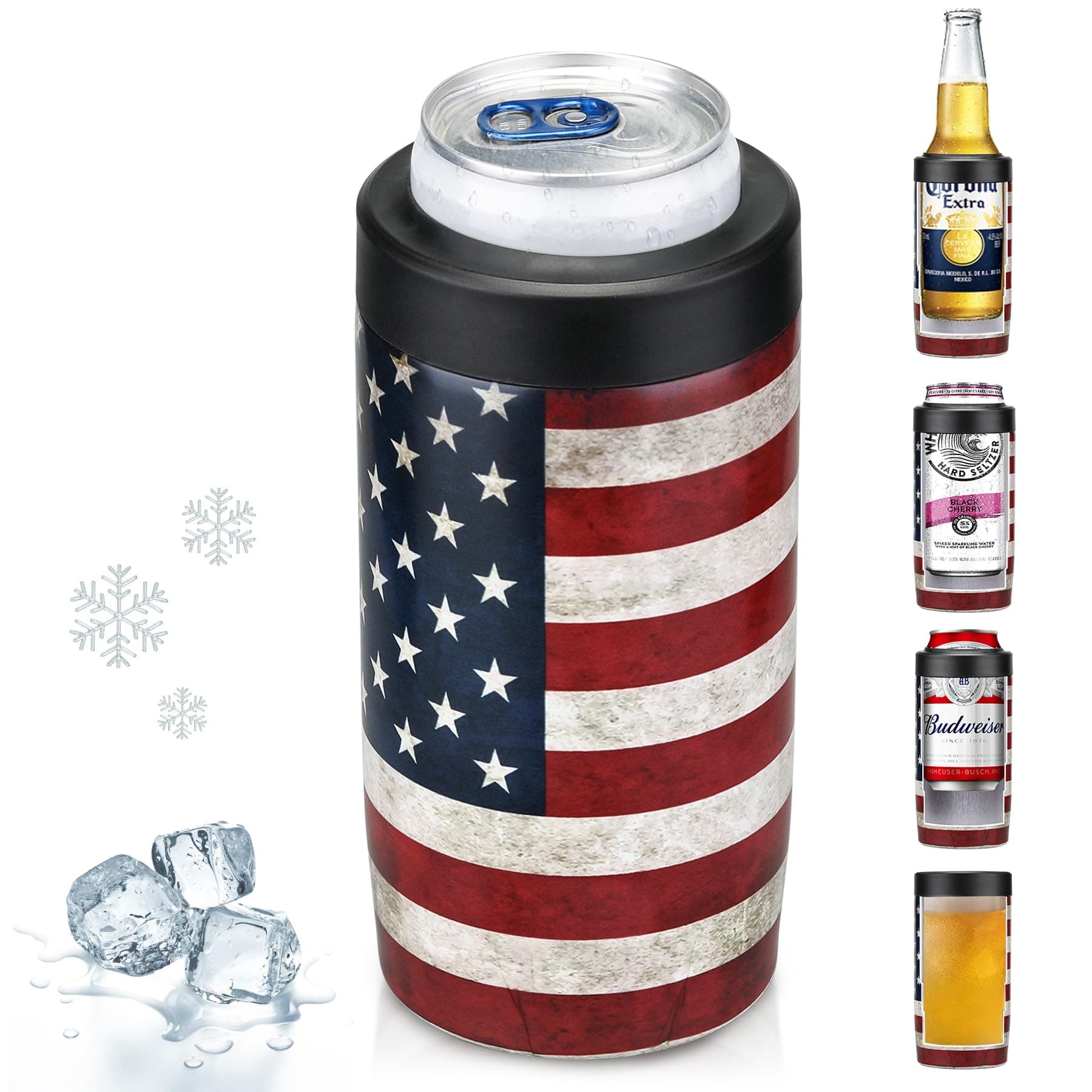 Slim Can Cooler, 4-in-1 Double Walled Stainless Steel Insulated Beer Can Holder, Works With All 12 Oz Cans,Bottles & As A Pint Cups - America Flag