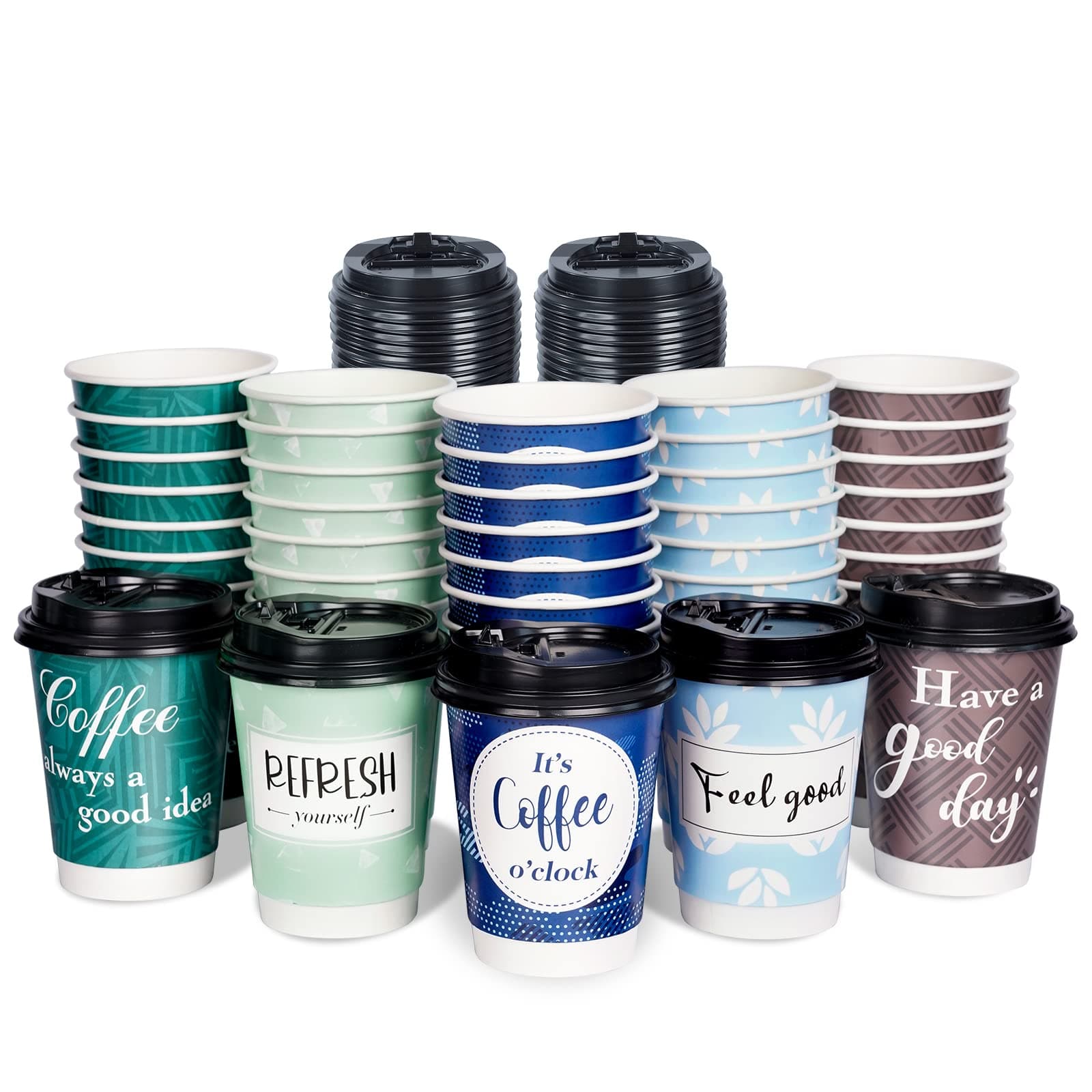 Disposable Coffee Cups with Lids 12 oz, 50 Pack Double-Walled Paper Coffee Cups with Fun Designs, Insulated Hot Beverage Paper Cups for Cold & Hot Drinks