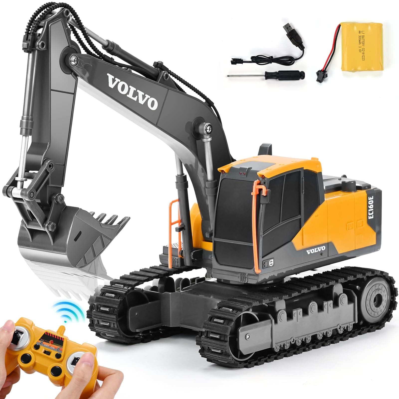 DOUBLE E Volvo Licensed Remote Control Excavator RC Excavator Toy for Kids Full Function Construction Toys with Metal Shovel for Outdoor Play 1/26 Scale Sandbox Digger Toys Gifts for Boys