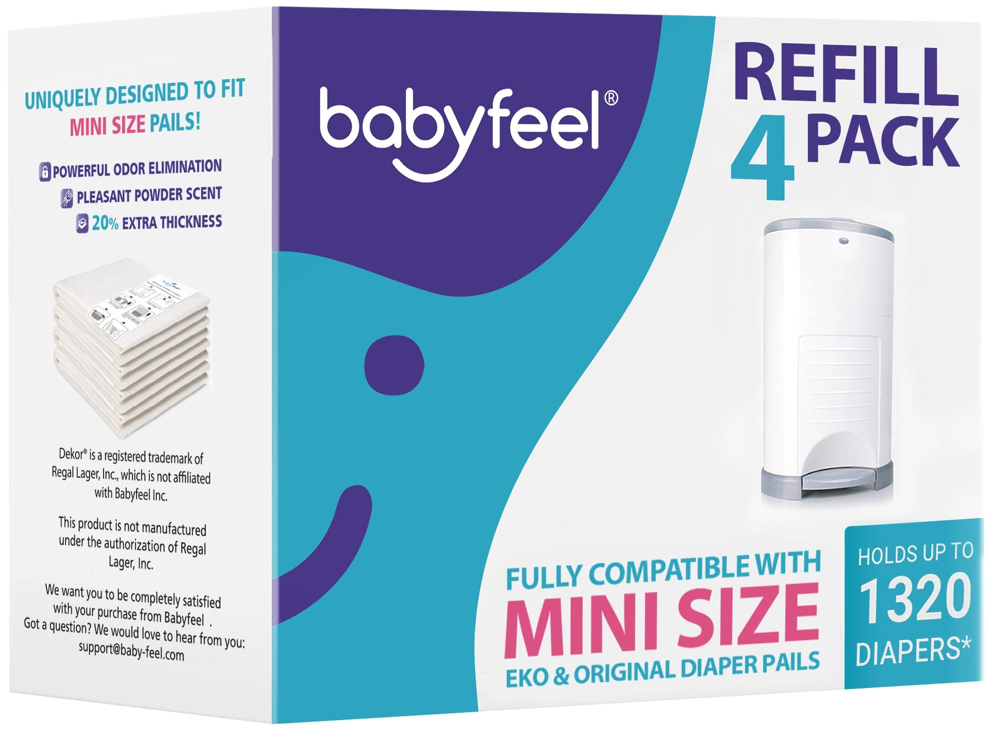 Refills Compatible with DEKOR MINI Diaper Pails | 4 Pack | Exclusive 20% Extra Thickness | Diaper Pail Refills with Powerful Odor Elimination | Powder Scent | Holds up to 1320 Diapers