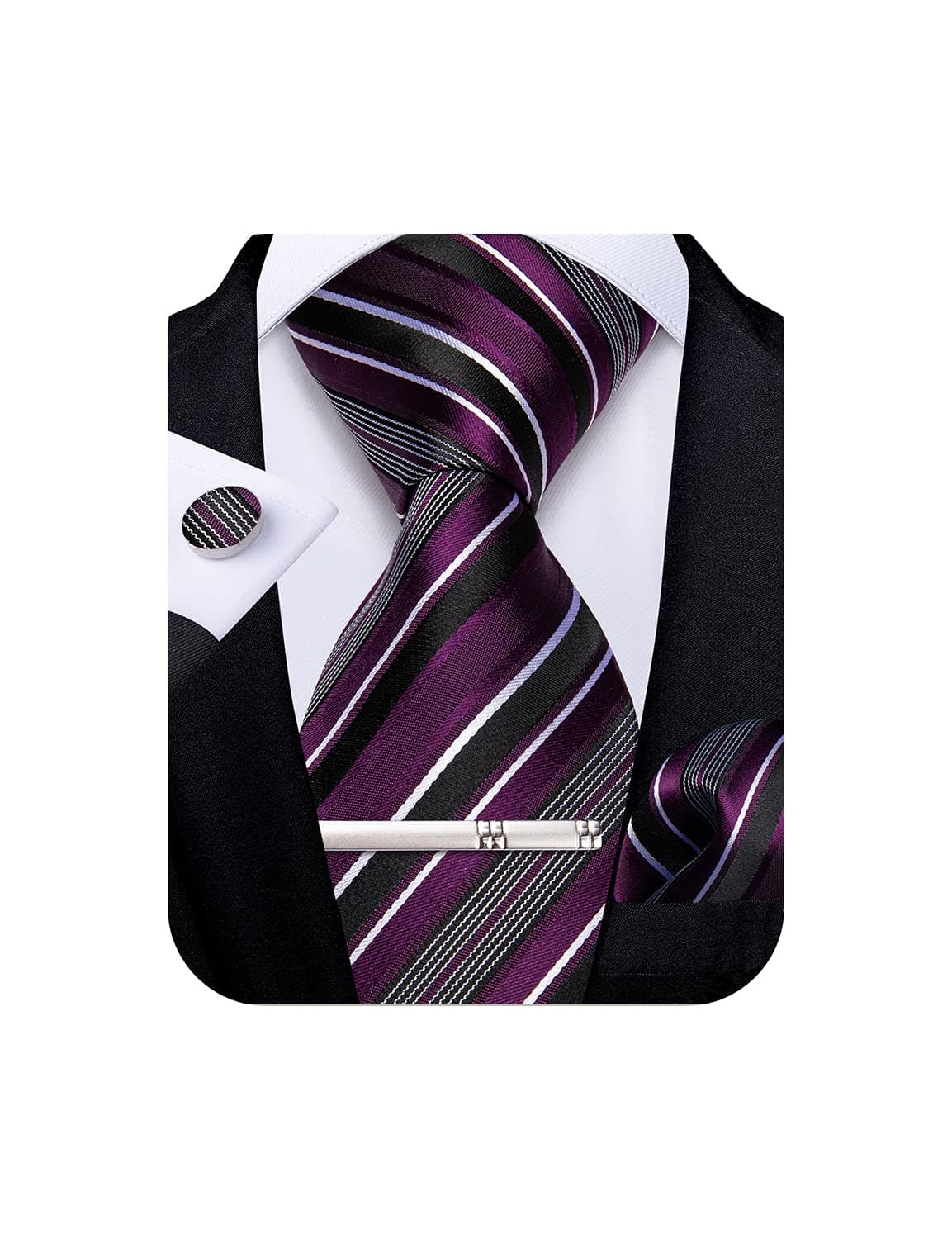 DiBanGu Men's Necktie Solid Silk Tie and Pocket Square Wedding Tie Cufflinks Set Formal