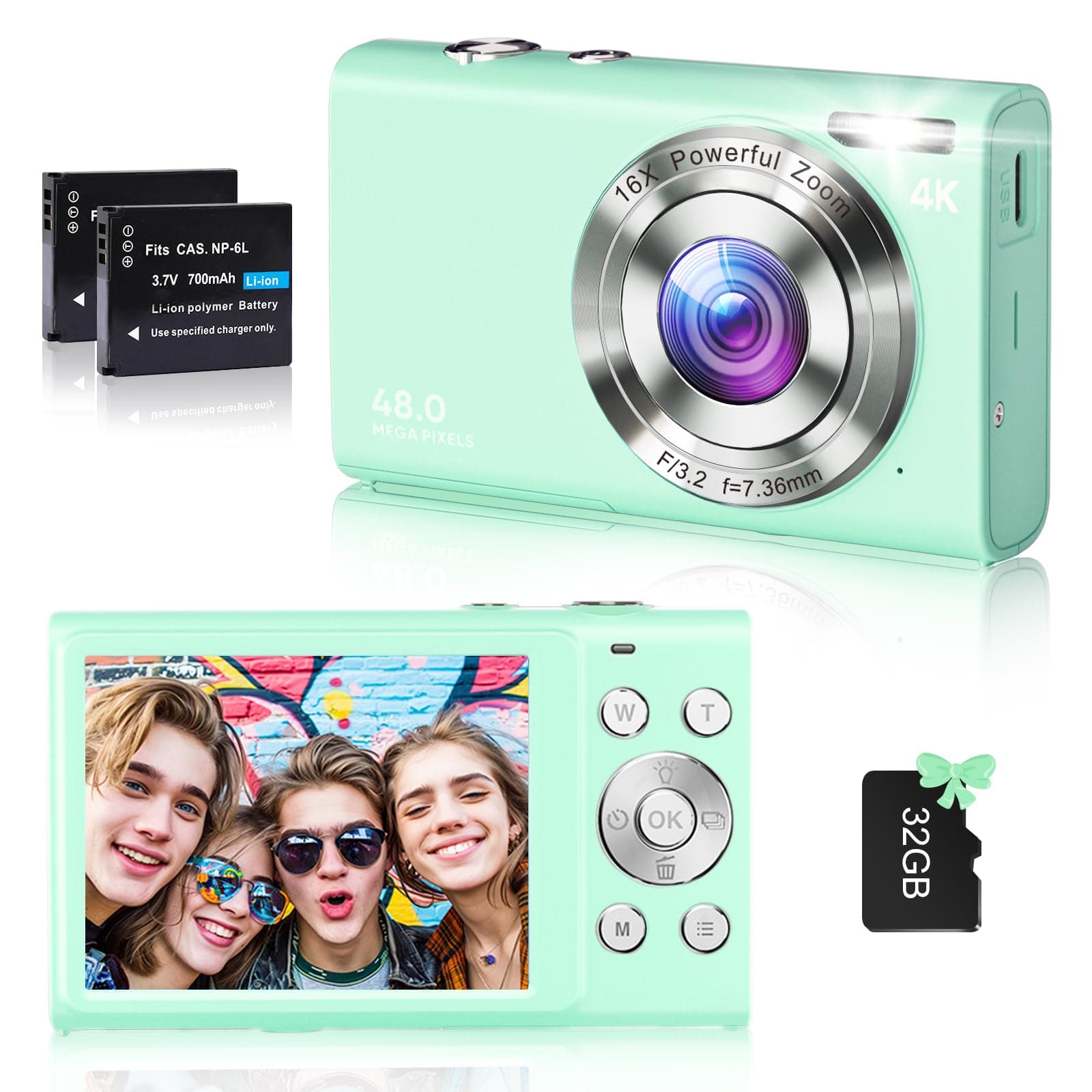 Digital Camera, 4K Vlogging Camera for YouTube Autofocus 48MP UHD Cameras for Photography with Anti-Shake, 16X Digital Zoom Point and Shoot Digital Camera with 32GB Card for Teens Adult Beginner-Green