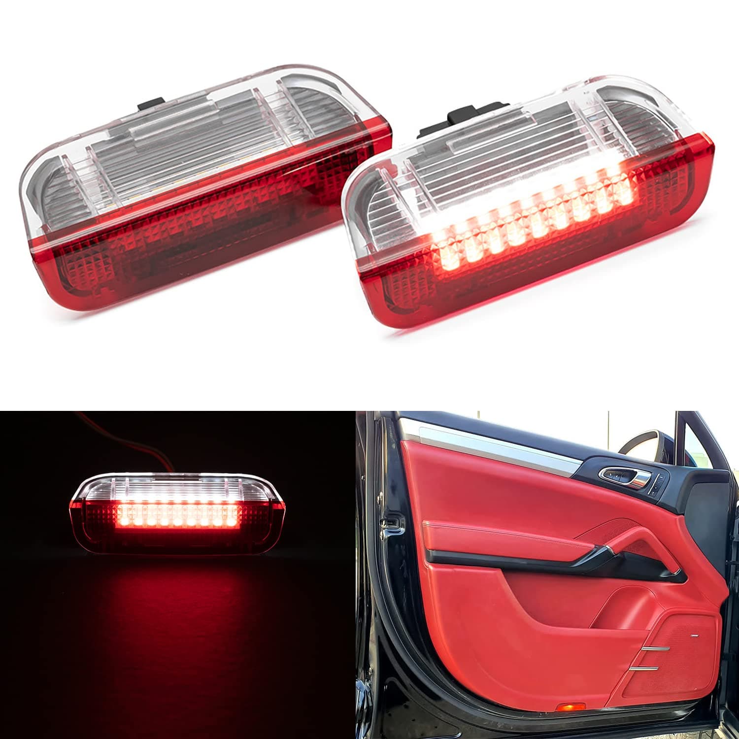 NSLUMO LED Courtesy Step Lights Replacement for 2011-2018 Porsche Cayenne 958, 12-19 Porsche 911 991, 18-SMD Red+White Led Door Welcome Light Warning Interior Puddle Lamps Assembly CAN-bus Error Free