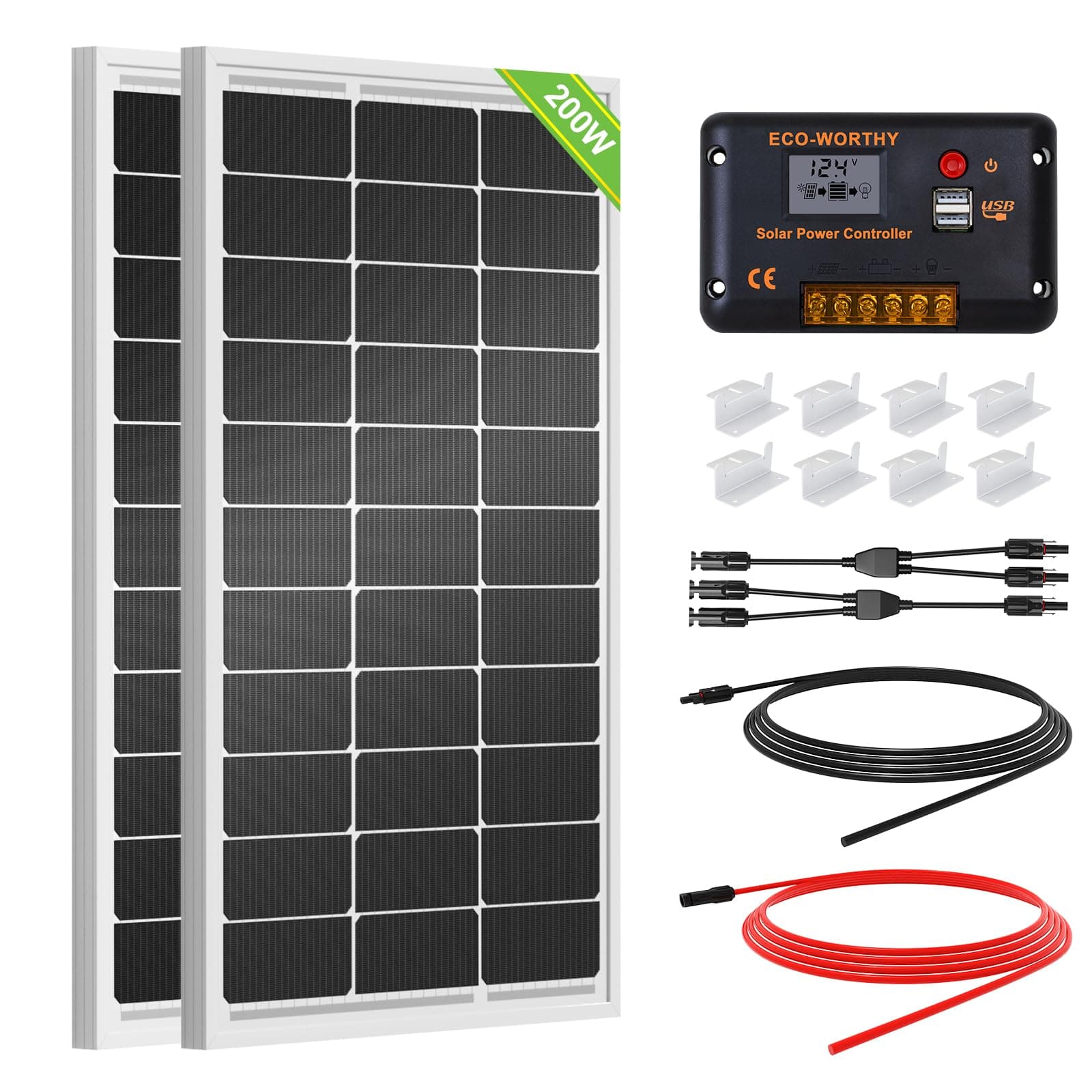 200 Watt (2pcs 100W) Monocrystalline Solar Panel Complete Off-Grid RV Boat Kit with LCD Charge Controller + Solar Cable + Mounting Brackets for Homes RVs Car Battery Charging