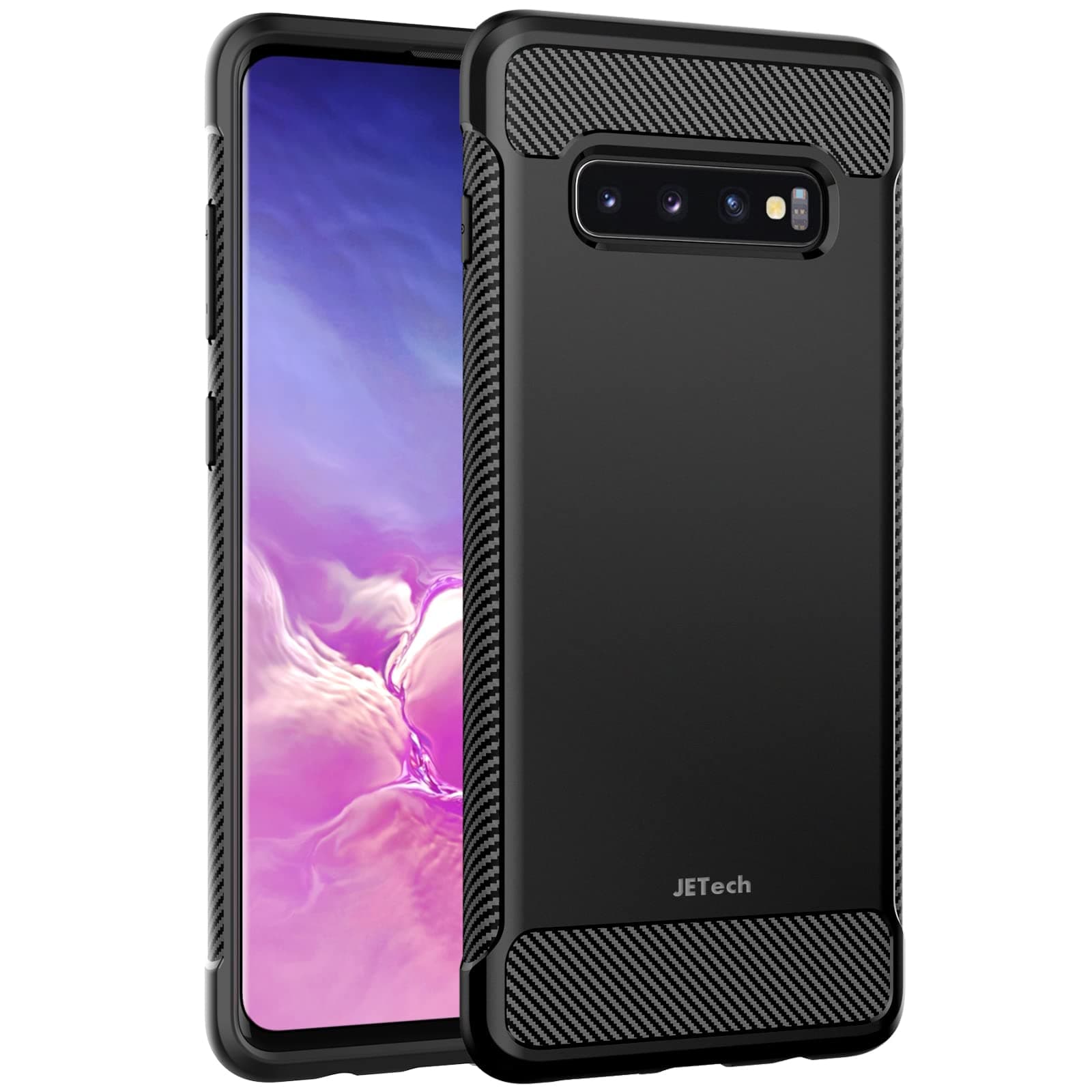 Slim Fit Case for Samsung Galaxy S10 Plus S10+, Thin Phone Cover with Shock-Absorption and Carbon Fiber Design (Black)