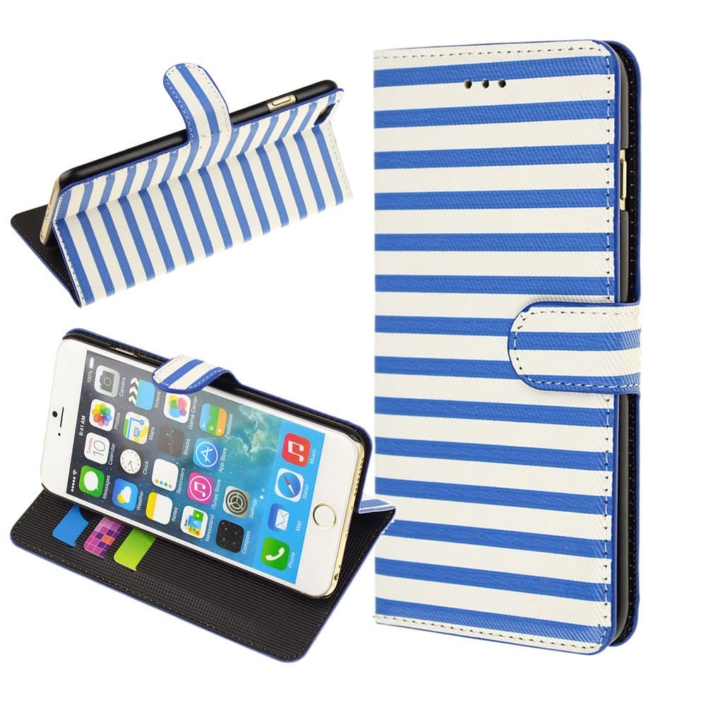 [Stand Feature] For iPhone 6 Plus (5.5) Case - Cross Stripe Wallet Case STAND Flip Cover for iPhone 6 Plus (5.5) (2014) (Blue / White Stripe)