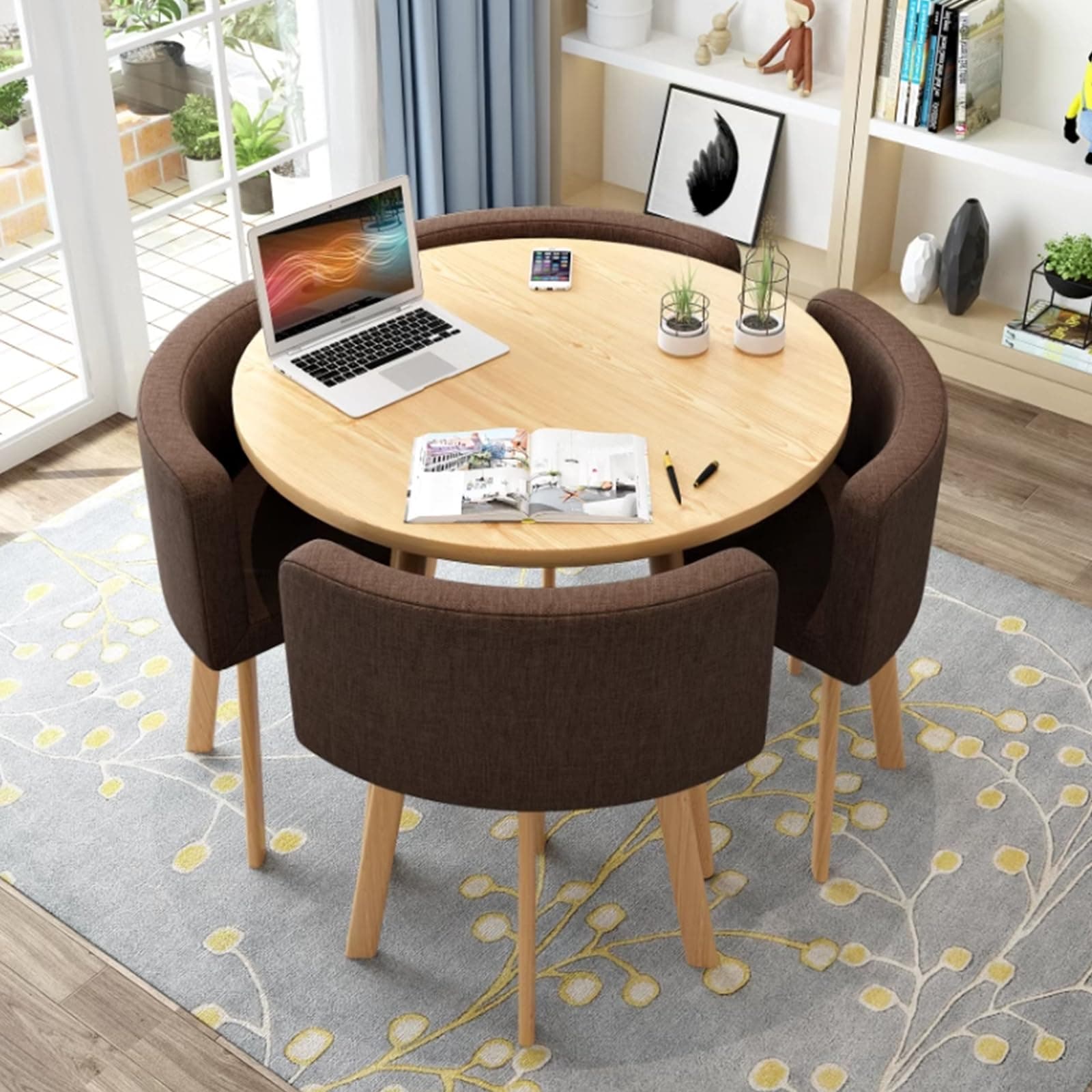 Round Kitchen Dining Table Set for 4, Space Saving Table and Chairs Set with Thick Tabletop 4 Upholstered Chairs, Dinning Room Modern Casual Coffee Table Set(D 31.5inch/80cm, CoffeeA)