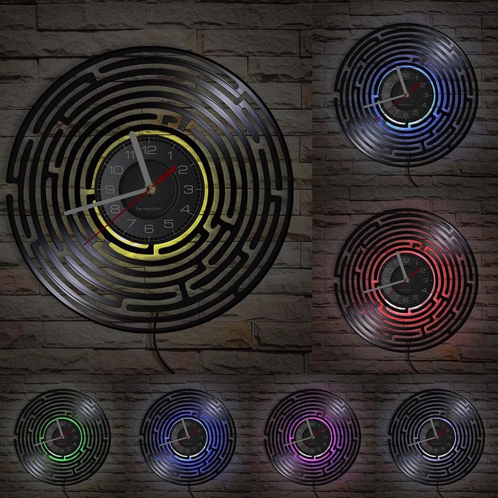 Abstract Labyrinth Minimalist Mystik Light Wall Clock with Multi-Colors LED Labyrinth Art Wall Decor Vinyl Record Wall Clock Battery Operated 12" Quartz Silent Non-Ticking Living Room Decor