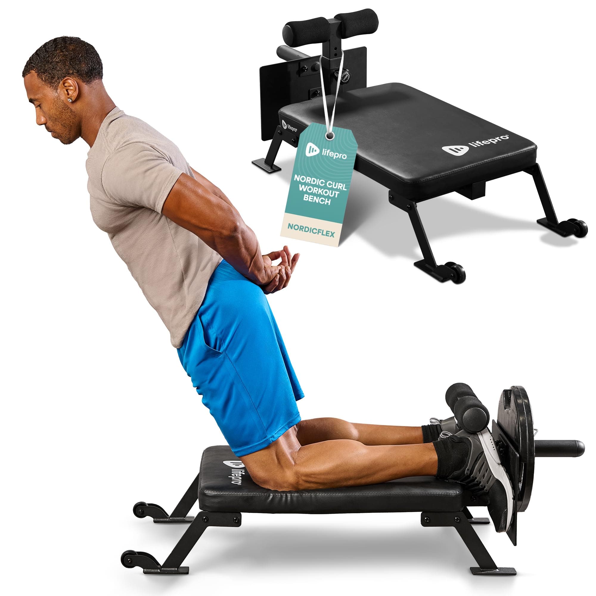 Nordic Curl Workout Bench - Home Gym Hamstring Curl Machine & Glute Bench with Transport Wheels - Works with 1" & 2" Olympic Weight Plates - Durable Padding, Construction