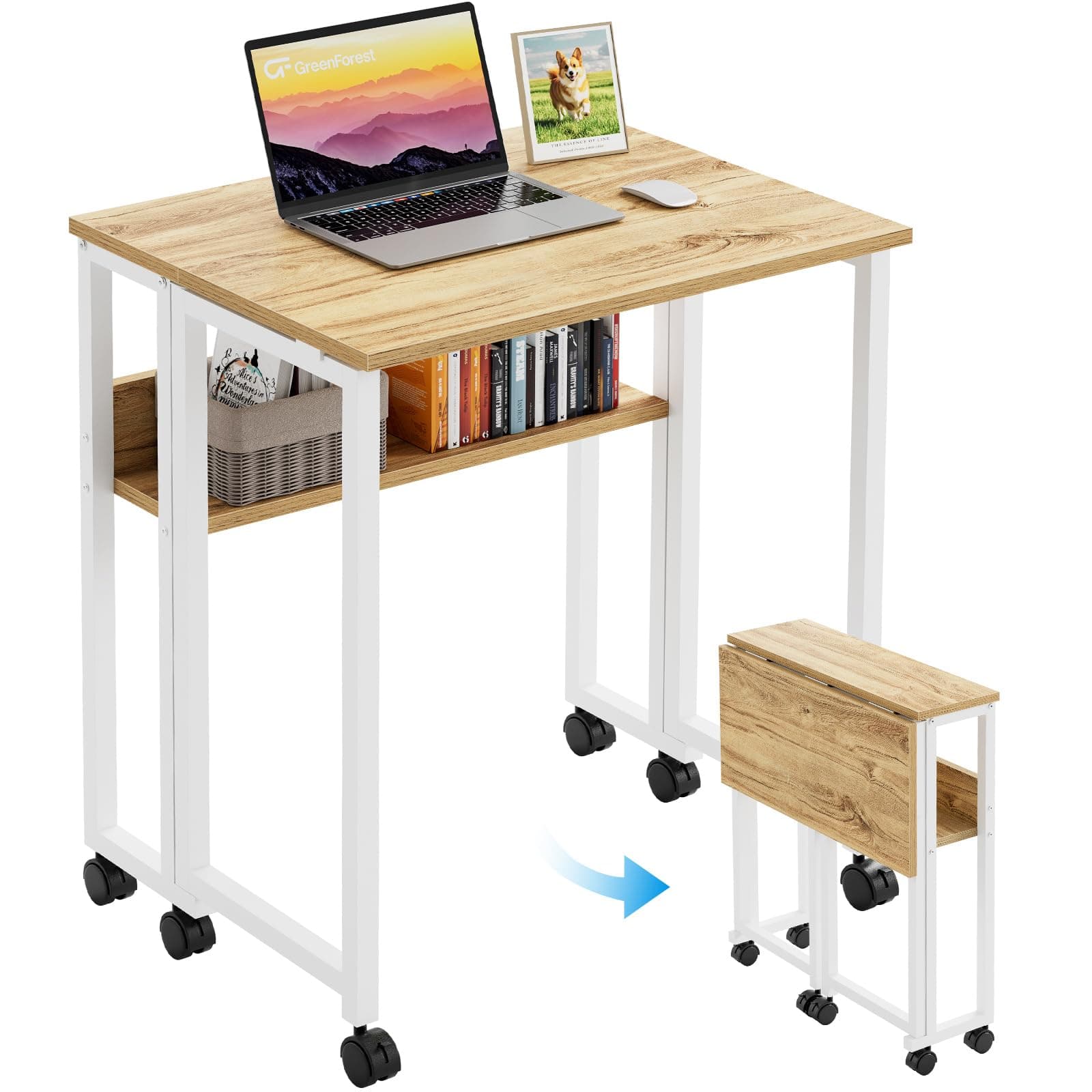 GreenForest Folding Desk Small Rolling Desk with Storage Shelf,24.8 inch Foldable Computer Desk with Wheels for Small Space,Easy Assembly,Oak