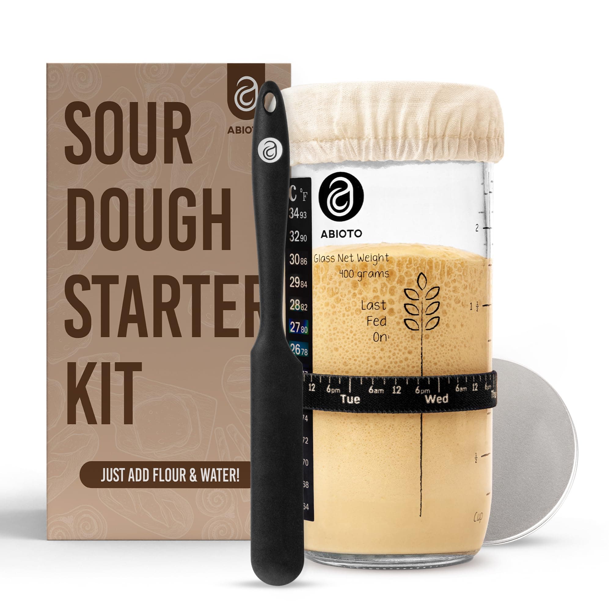 Sourdough Starter Kit, Includes 24 oz Sourdough Starter Jar with Metallic Lid, Silicone Spatula, Feeding Tracker, Extra Thermometer Strips & Breathable Covers - Sourdough Bread Starter Kit
