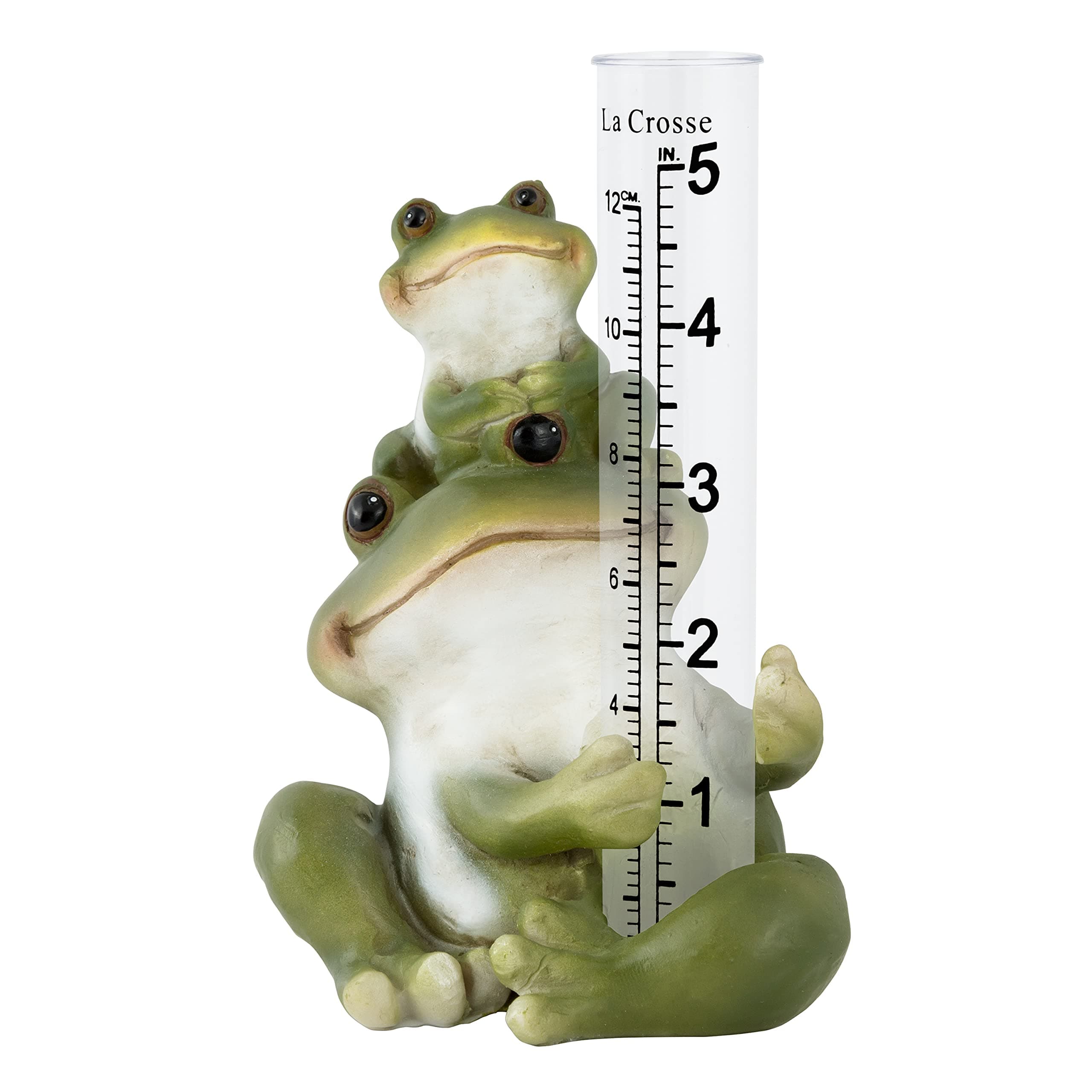 704-4114 5 in. Table Standing Polyresin Frog Rain Gauge, Green