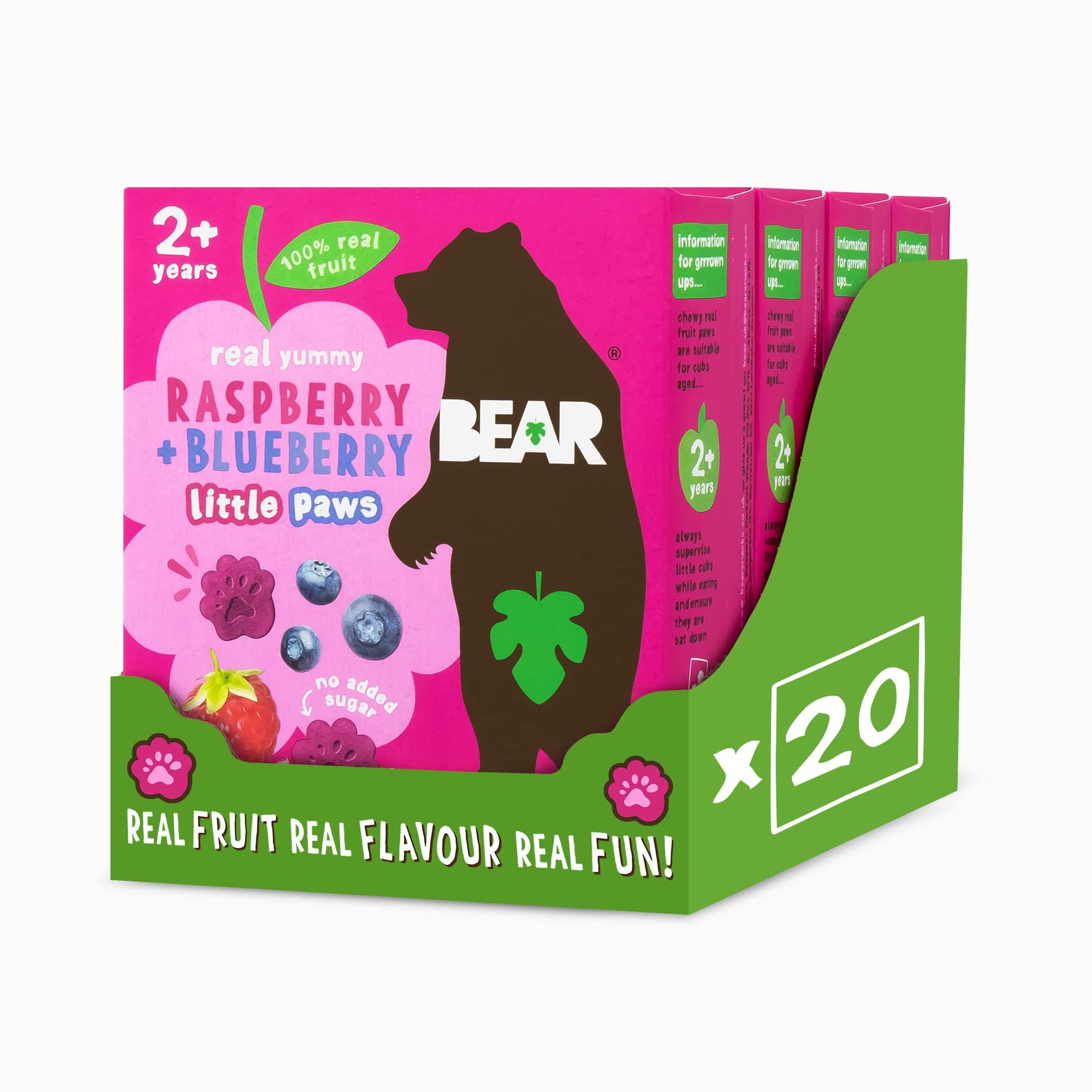 BEAR Raspberry & Blueberry Paws - Delicious Real Fruit - Suitable for 2+ years - Healthy - 20g - 4 x 5 Packs (Pack of 20)
