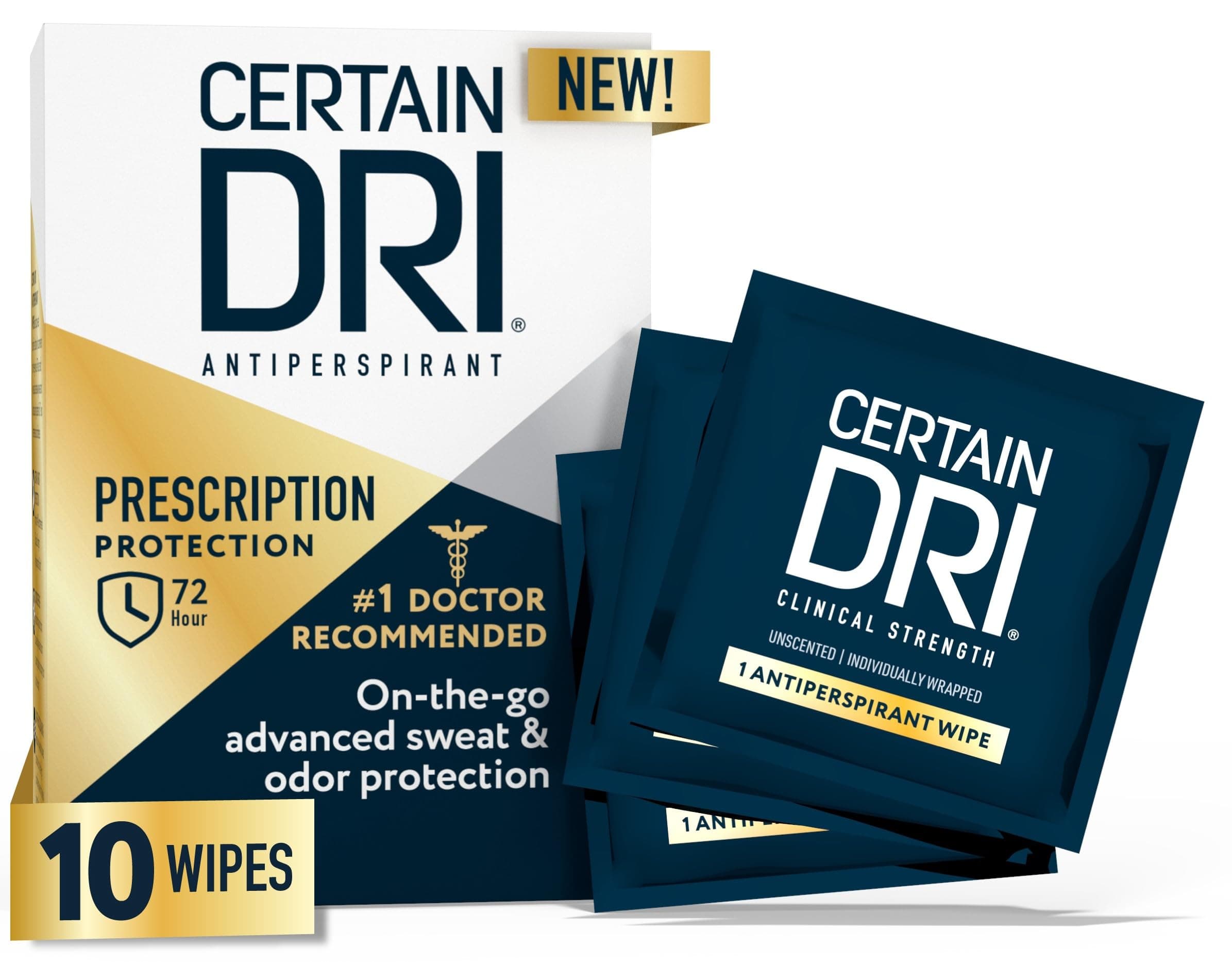 Certain Dri Antiperspirant Wipes for Excessive Sweating & Hyperhidrosis – 72HR Clinical Strength Odor & Perspiration Protection, Travel-Friendly, Dermatologist Recommended, (10 Count)