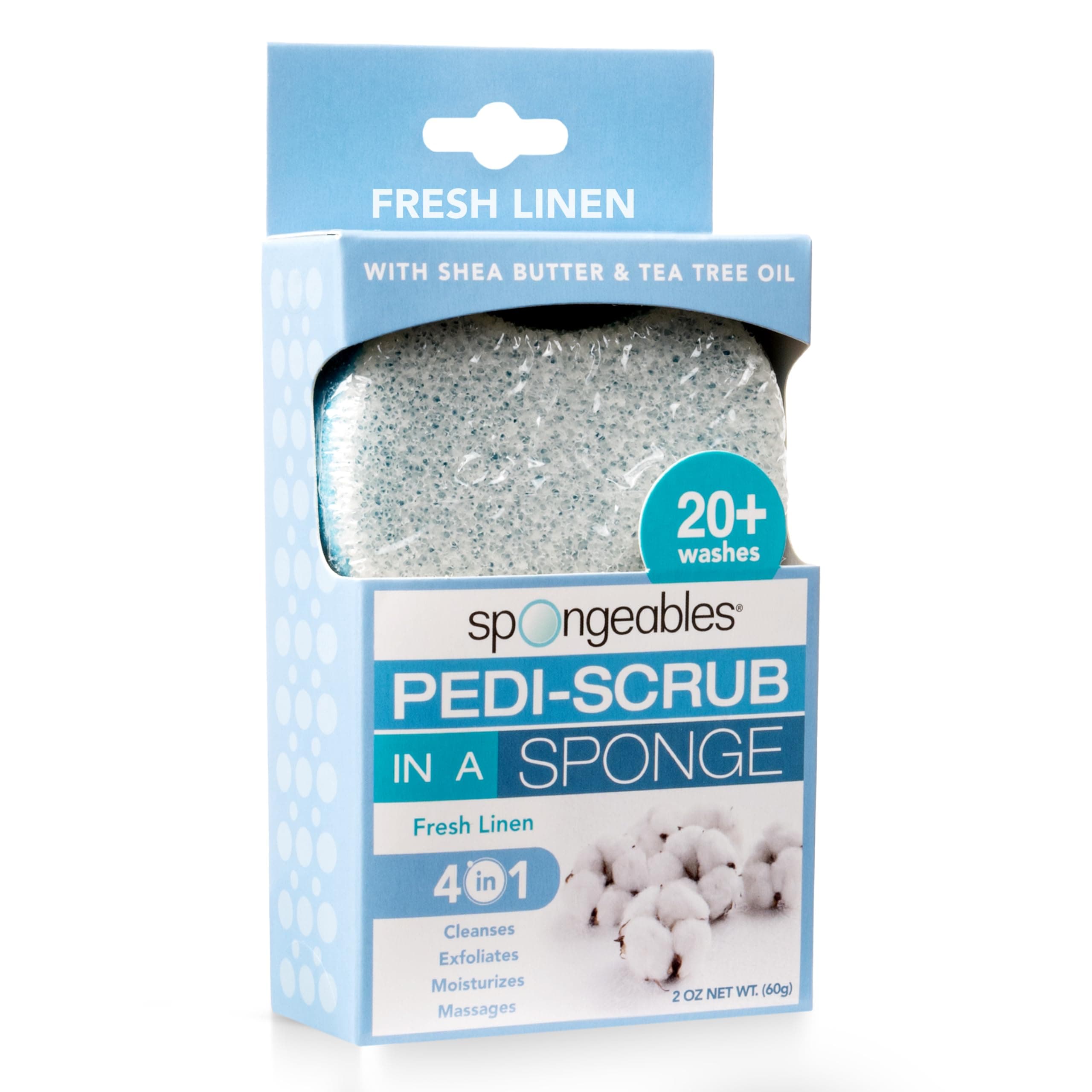 Spongeables Pedi Scrub Foot Buffer, Soap is in Sponge, Contains Tea Tree Oil, Foot Exfoliating Sponge with Heel Pads and Pedicure Oil, Over 20 Washes, Fresh Linen Scent, 50ml (1 Pack)