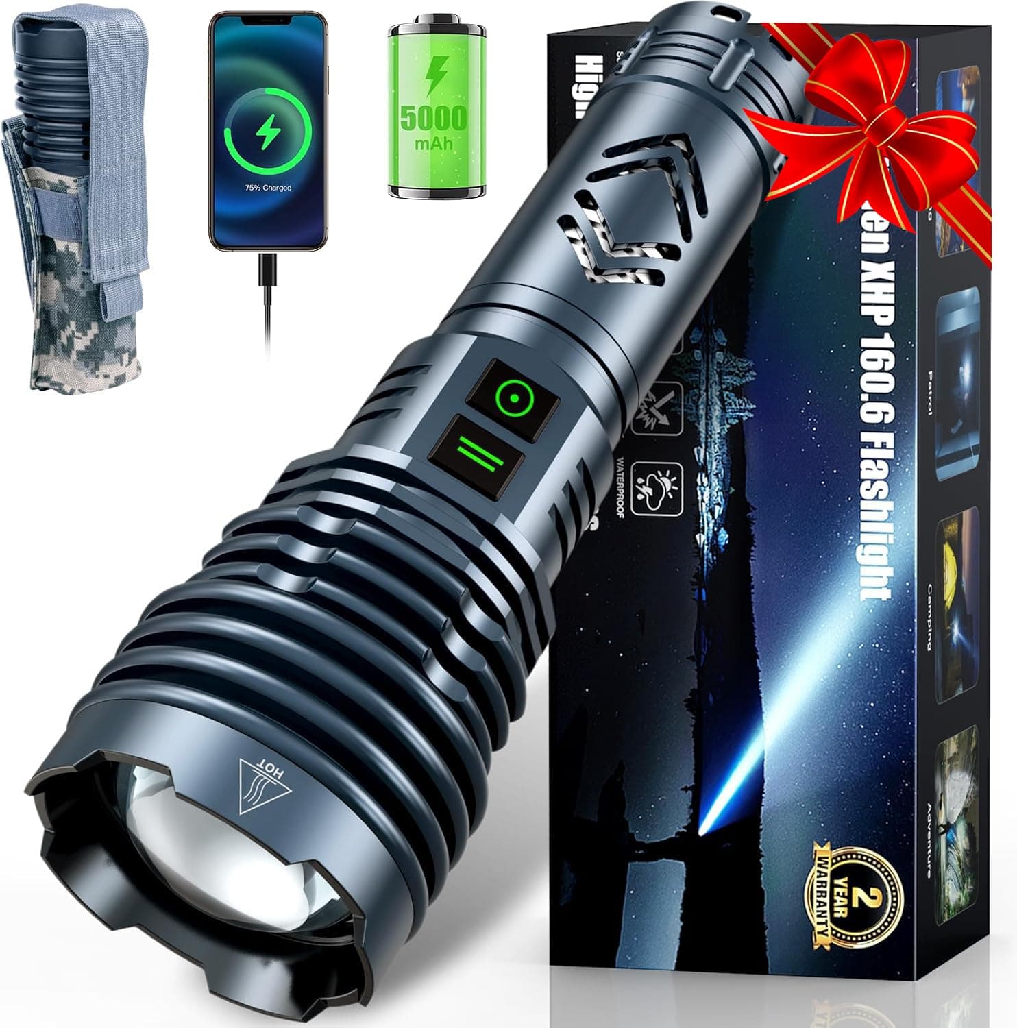 Rechargeable Flashlights 4000.000 High Lumens Super Bright LED Flashlight Flash Light Powered by Battery|25H Long Life|Holster|Zoomable 6Modes|Waterproof Tactical Flashlights for Camping Outdoor Home